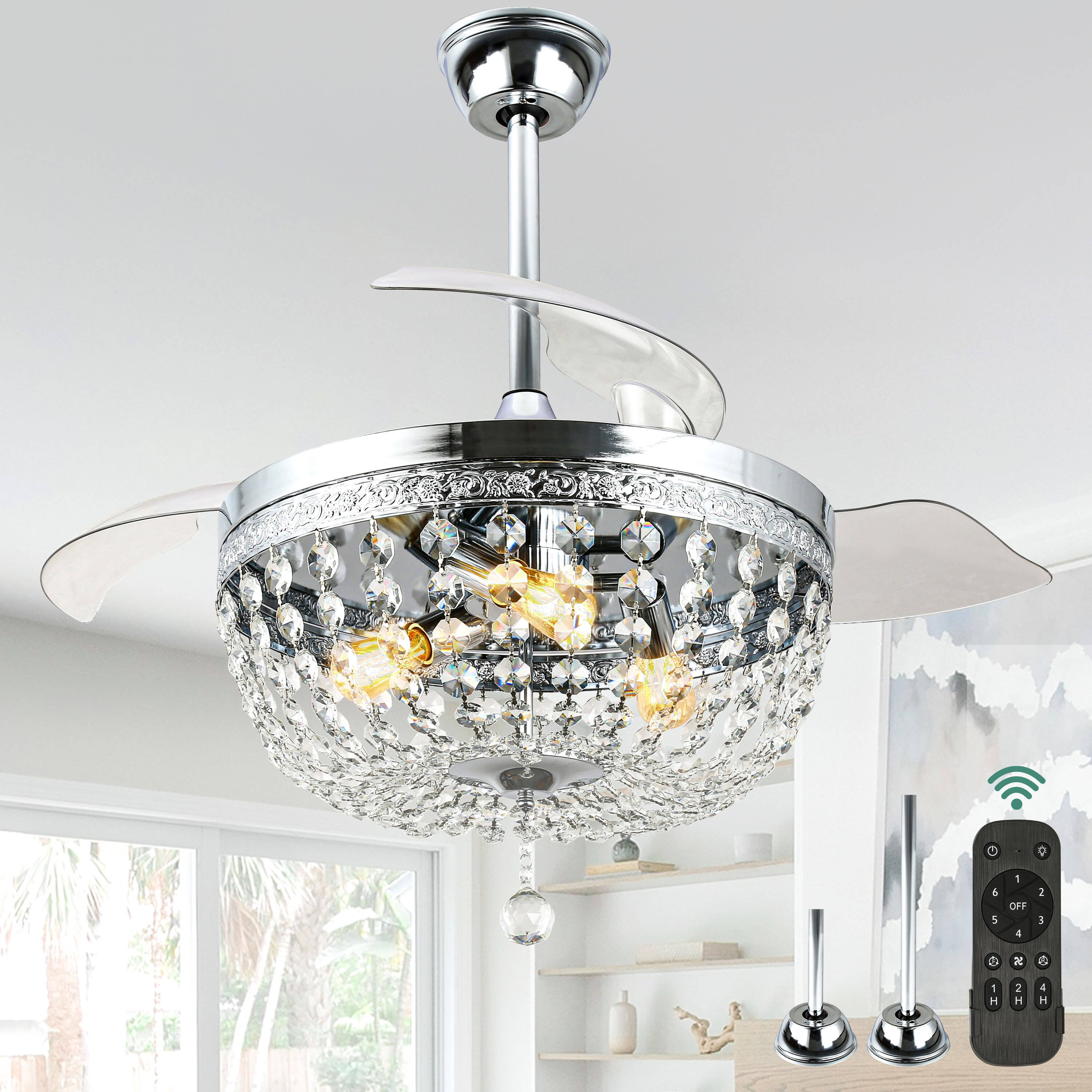 Cusp Barn CS42P69C 42-in Silver with ABS Plastic Blades Chandelier Ceiling Fan Without Light - Remote Included ( 3 -Blade )
