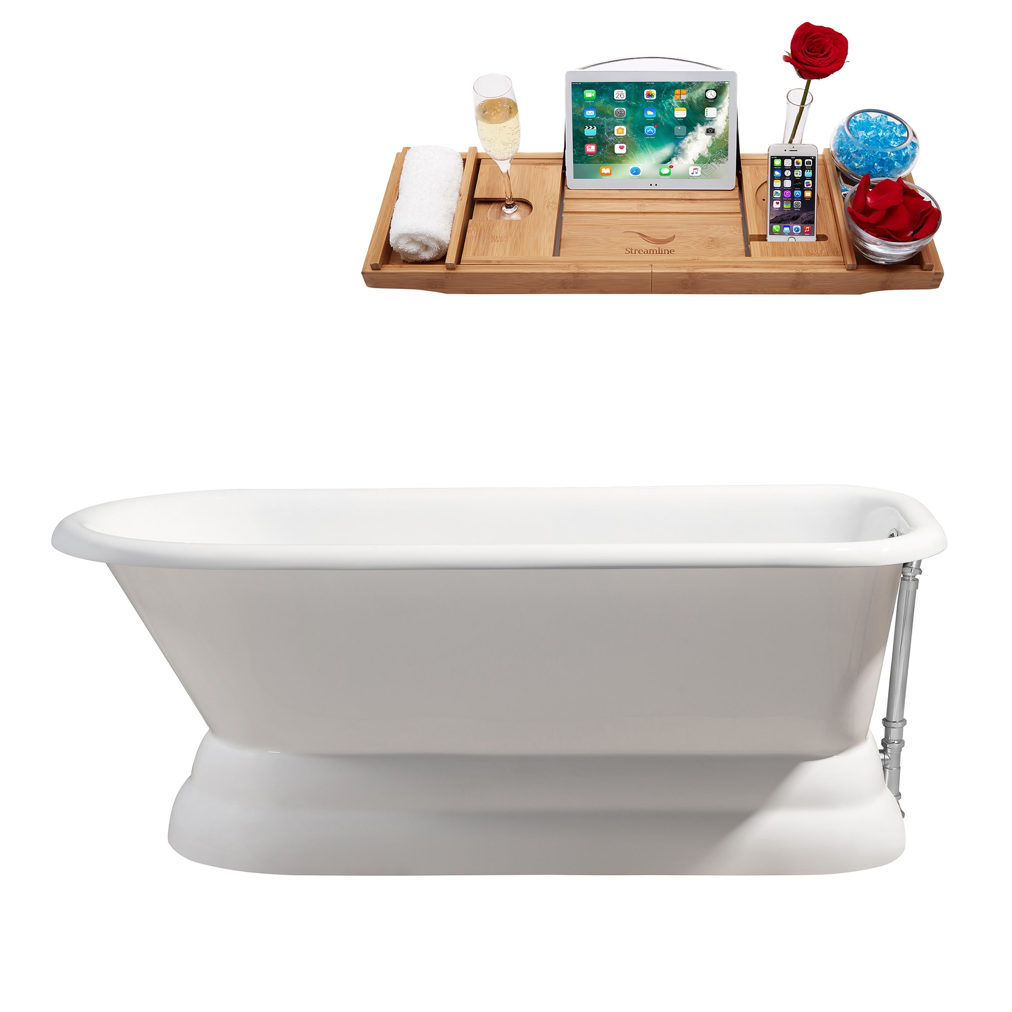 Streamline R5140CH 30.1-in x 66-in Glossy White Cast Iron Rectangular Freestanding Soaking Bathtub with Drain ( Reversible Drain )
