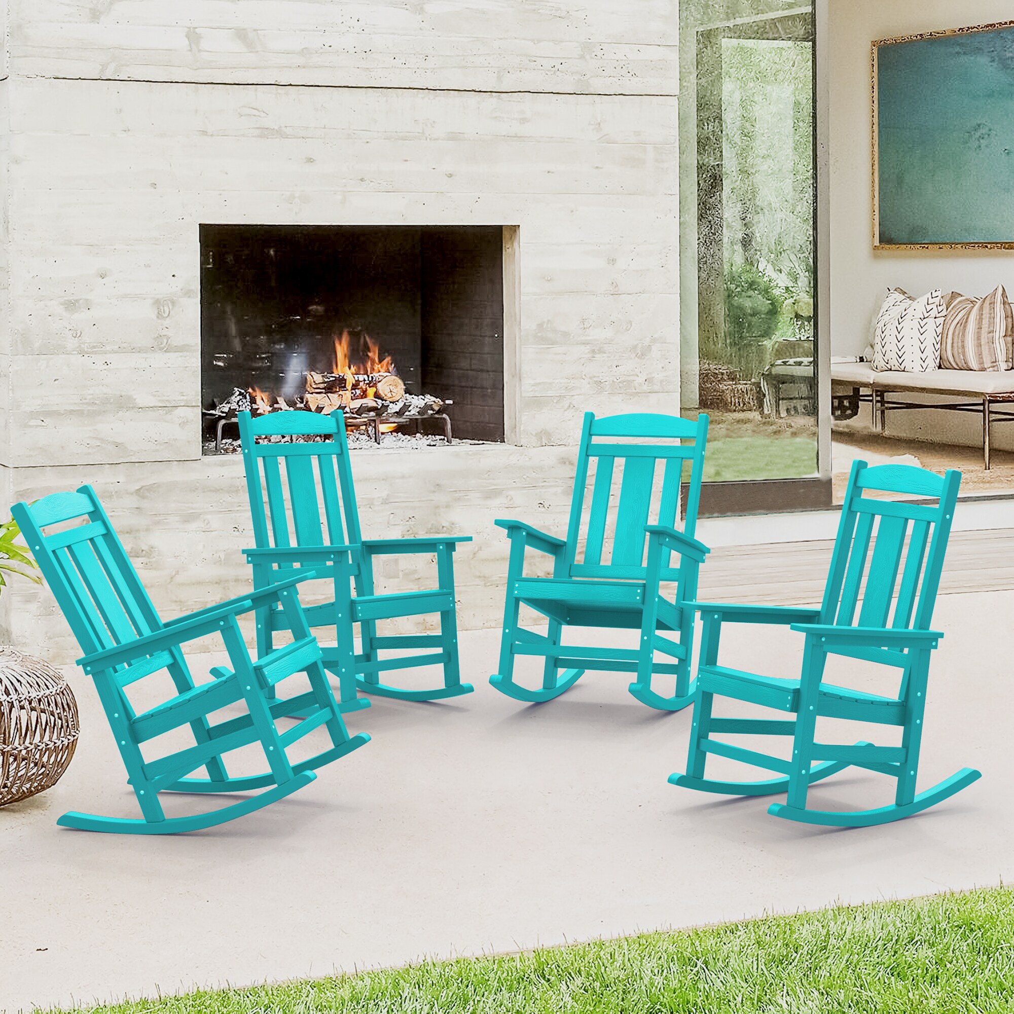 LUE BONA 4LB23PC0012-500LS Set of 4 Sky Blue HDPE Frame Rocking Chair with Solid Seat