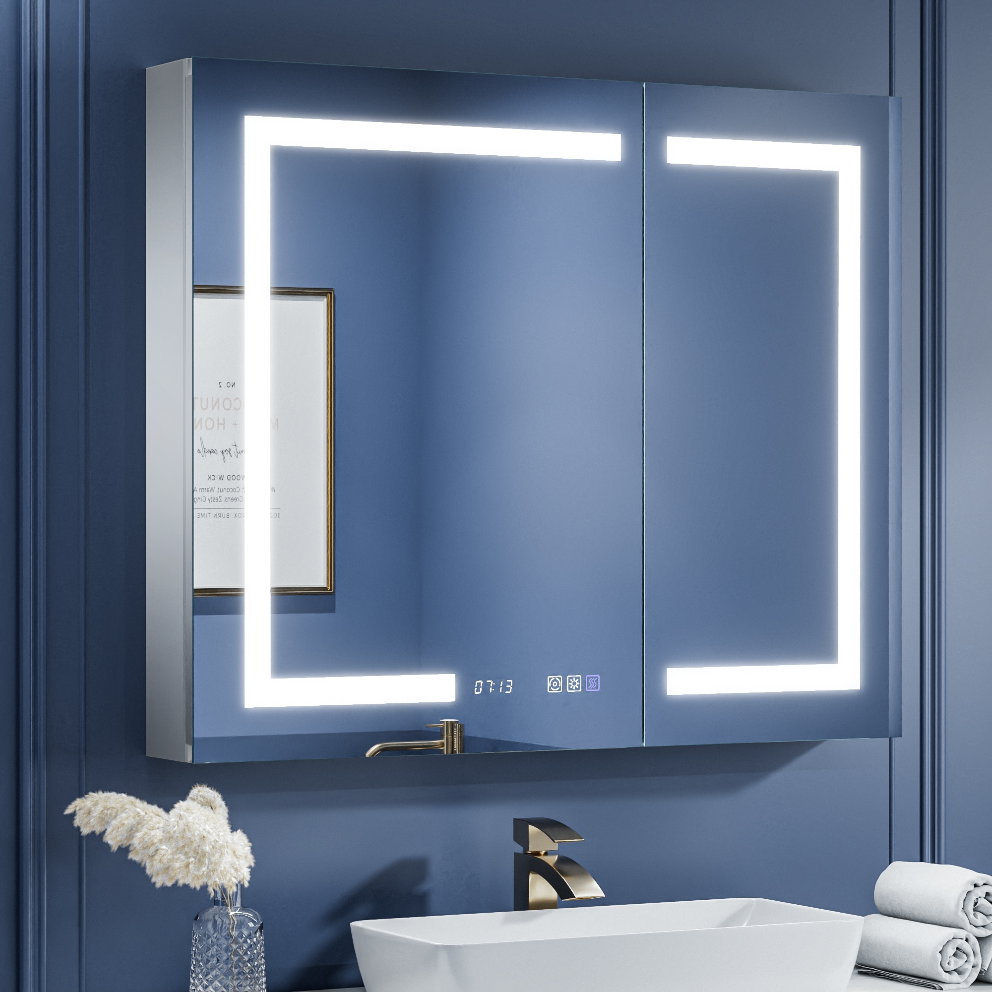 ExBrite EXMC3624V17DB Aether Clock 36-in x 30-in Lighted LED Fog Free Surface/Recessed Mount Silver Mirrored Rectangle Soft Close Medicine Cabinet with Outlet