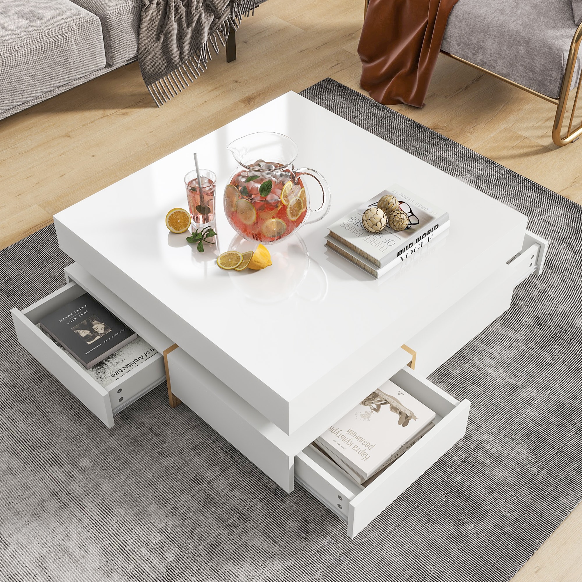ModernLuxe WF314582AAK Modern High Gloss Coffee Table with 4 Drawers MultiStorage Square Cocktail Tea Table with Wood Grain Legs Center Table for Living Room  White