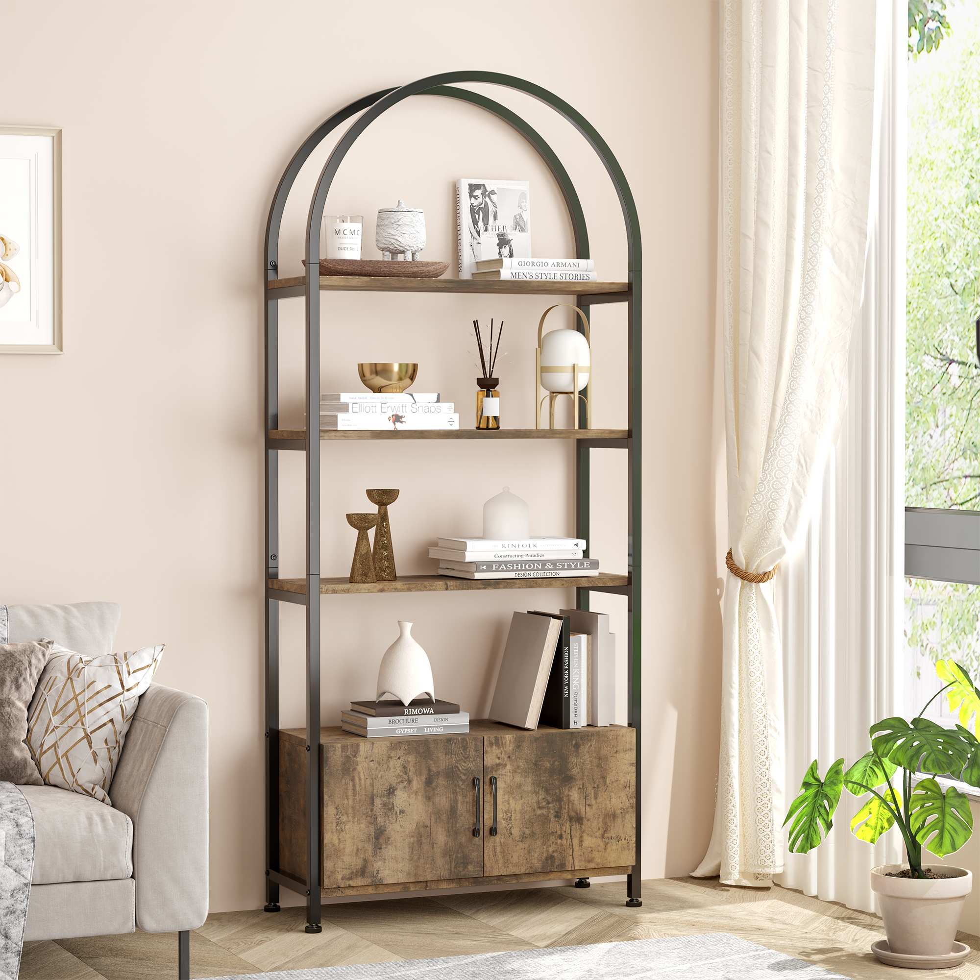 Qeetex JXNAG-PHO-10H4RWK5 4 Tier Arched Bookshelf with Doors Storage 71.5 Inch Tall Industrial Book Shelf with Metal Frame Open Curved Bookcase Display Shelf for Living Room and Office-Brown