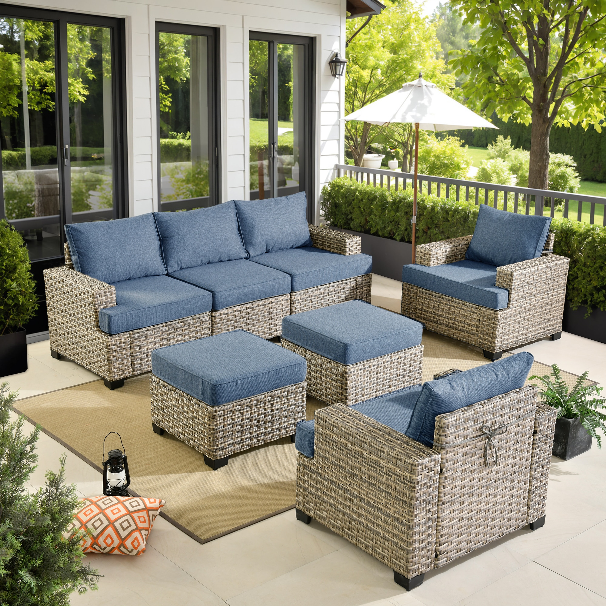 XIZZI XITBS5053 Agate 5 -Piece Rattan Patio Sofa Conversation Set with Blue Cushions