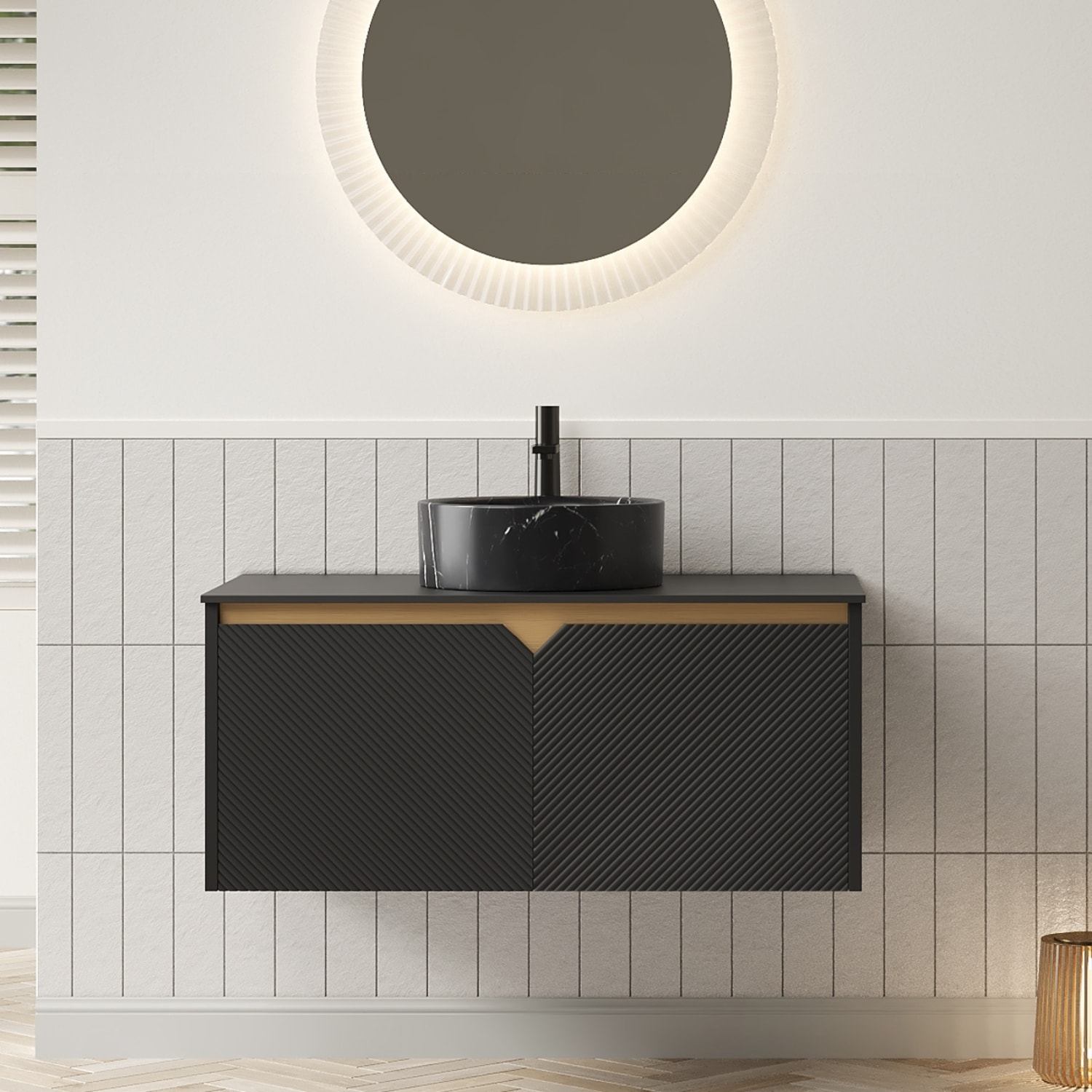 Wooakway 36 Inch Wall Mounted Bathroom Vanity with Black Ceramic Vessel Sink and Black Sintered Stone Top