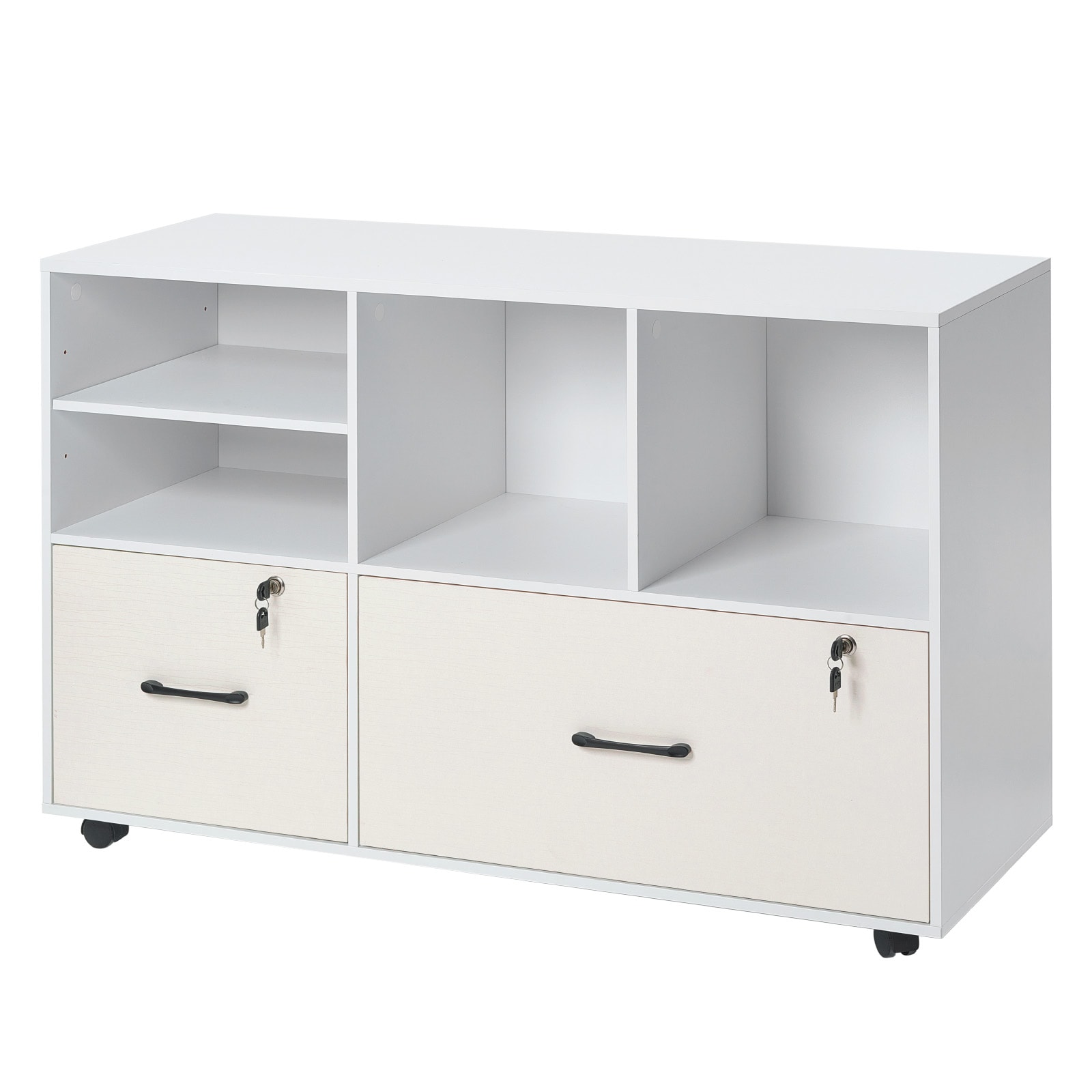 VEVOR 2 Drawer Wooden File Cabinet Mobile Filing Cabinet with Open Shelves Lockable Lateral Rolling File Storage with Adjustable Shelves Free Standing Printer Stand for Home Office School White