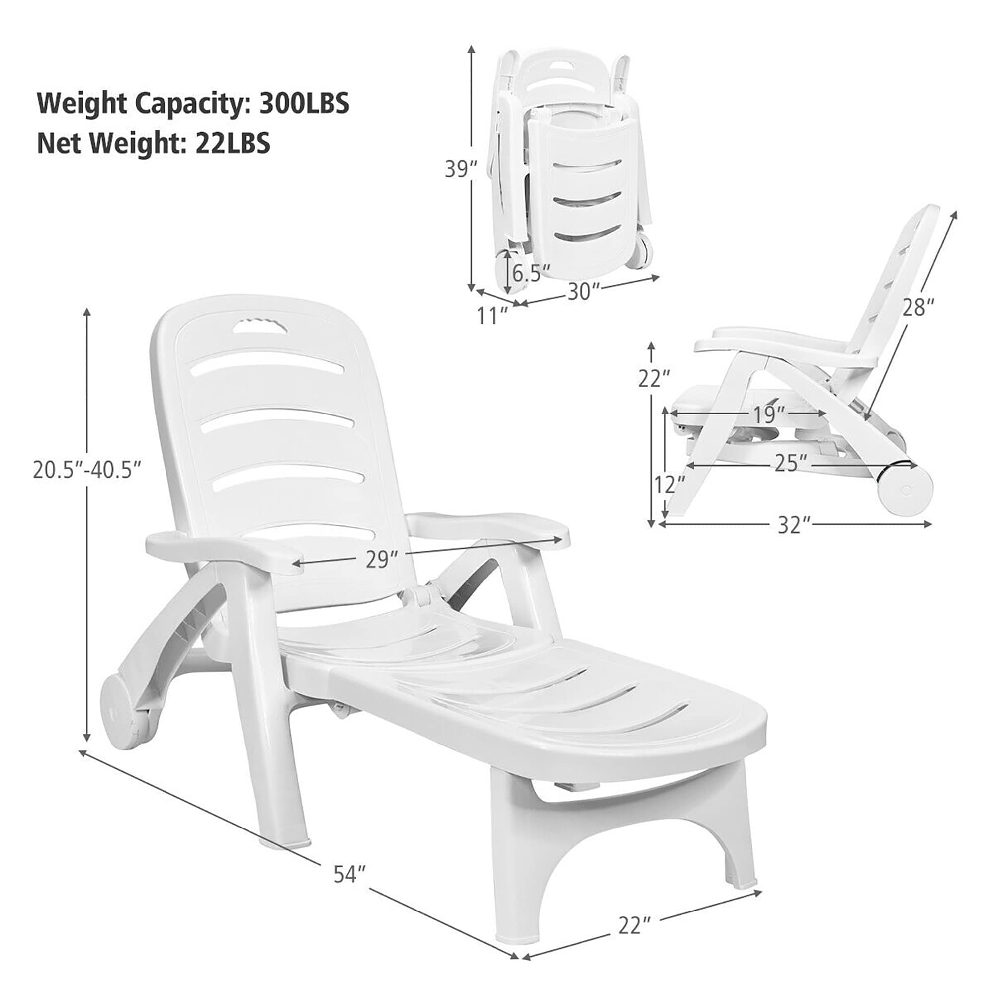 White Adjustable Folding Chaise Lounge Chair with Wheels
