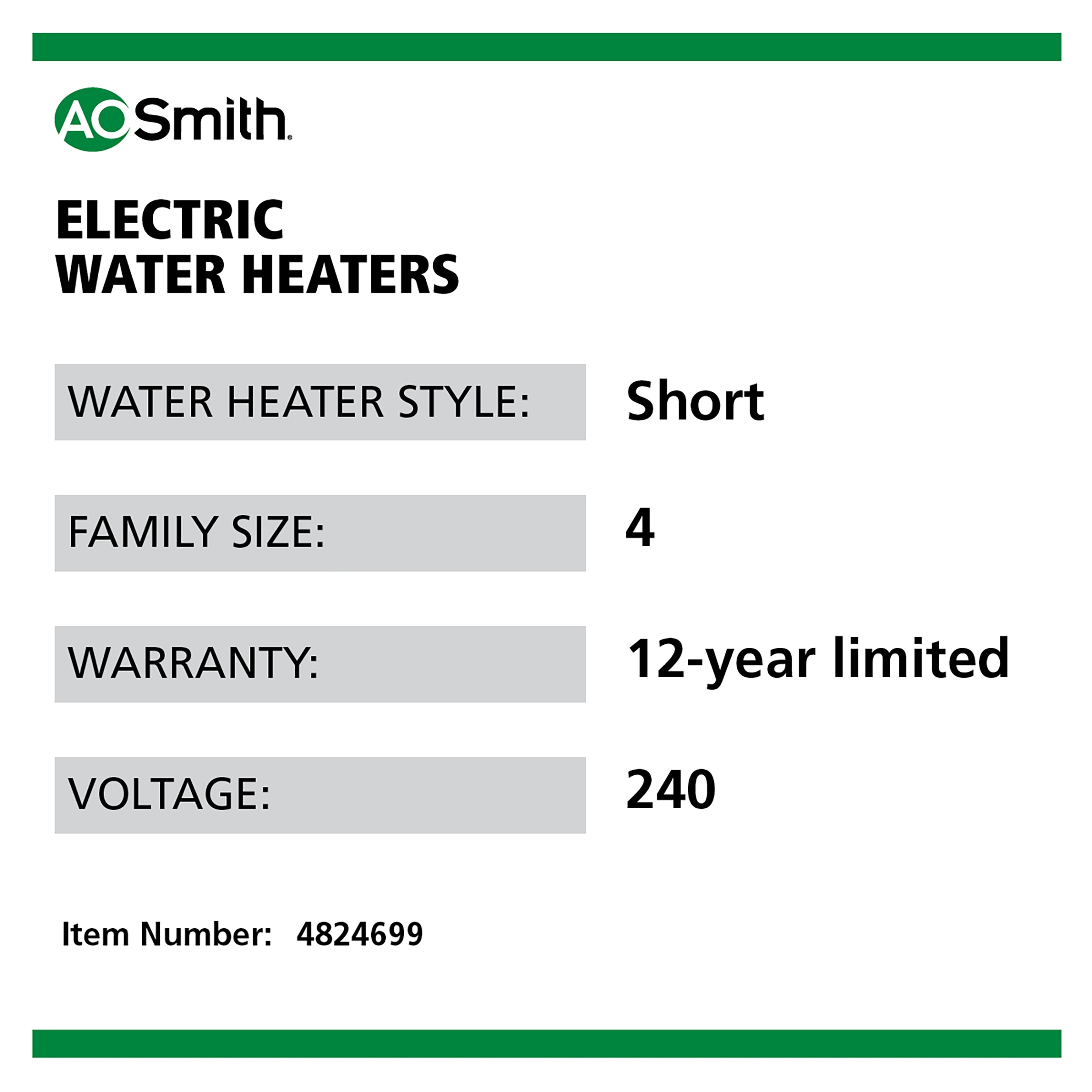 A.O. Smith Signature 500 50Gallons Short 12year Warranty 5500watt