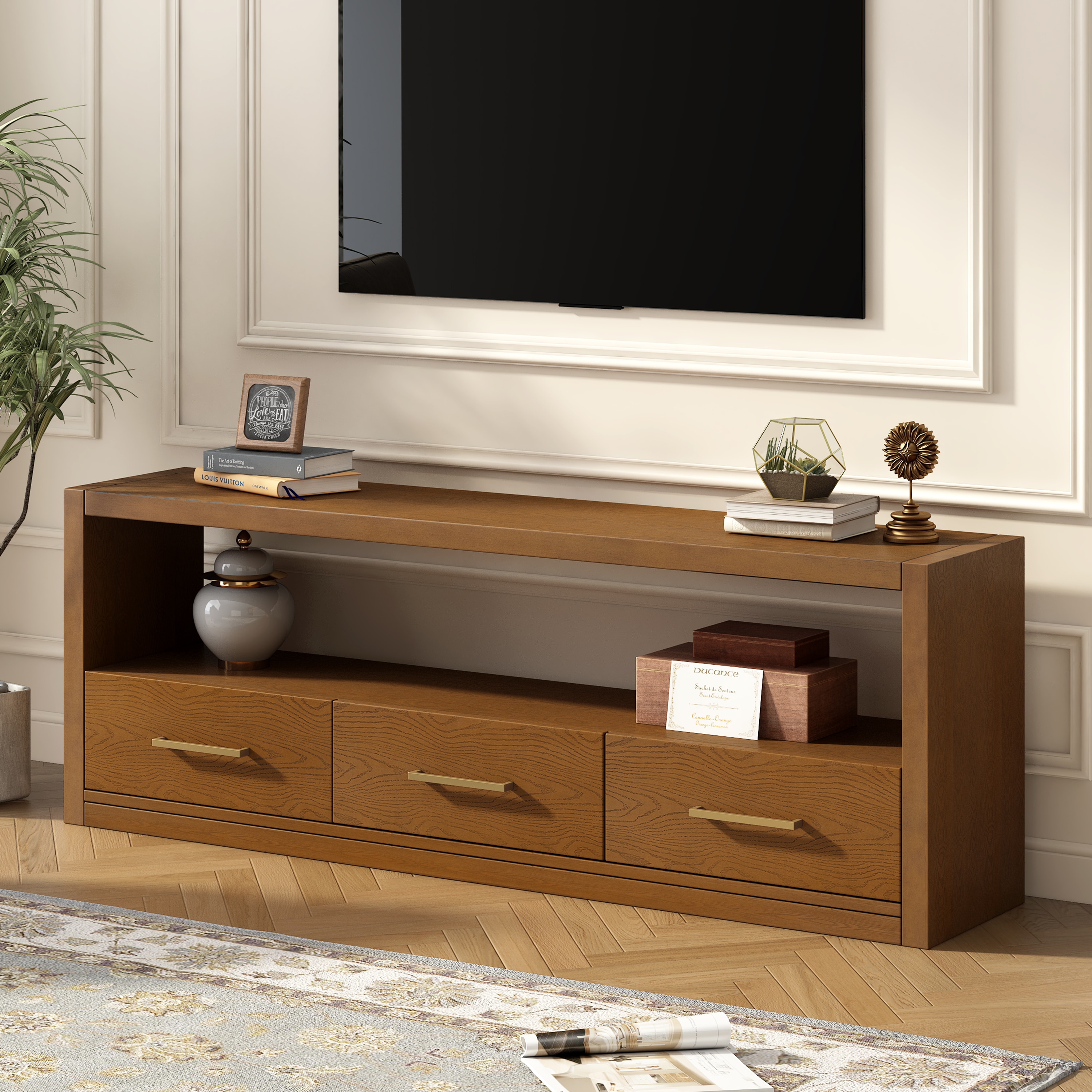 ModernLuxe N760P251944D Mirod Stylish TV Stand with Ample StorageClassic Design with Three Drawers and Spacious SurfaceMinimalist Metal HandlesVersatile as TV Console or Side Cabinet