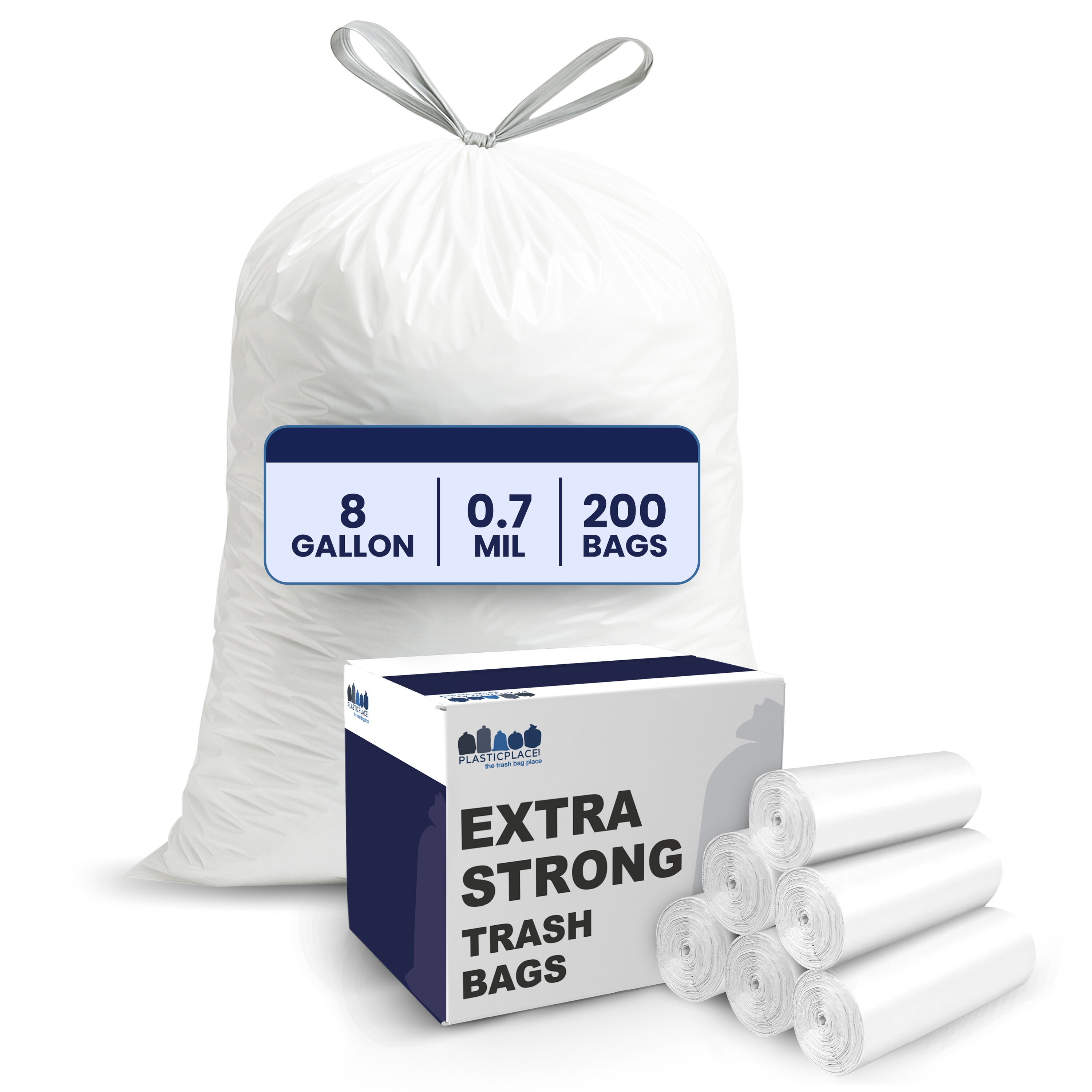 Plasticplace D08072WH 8-Gallon White Indoor Plastic Can Drawstring Trash Bag 200 -Count