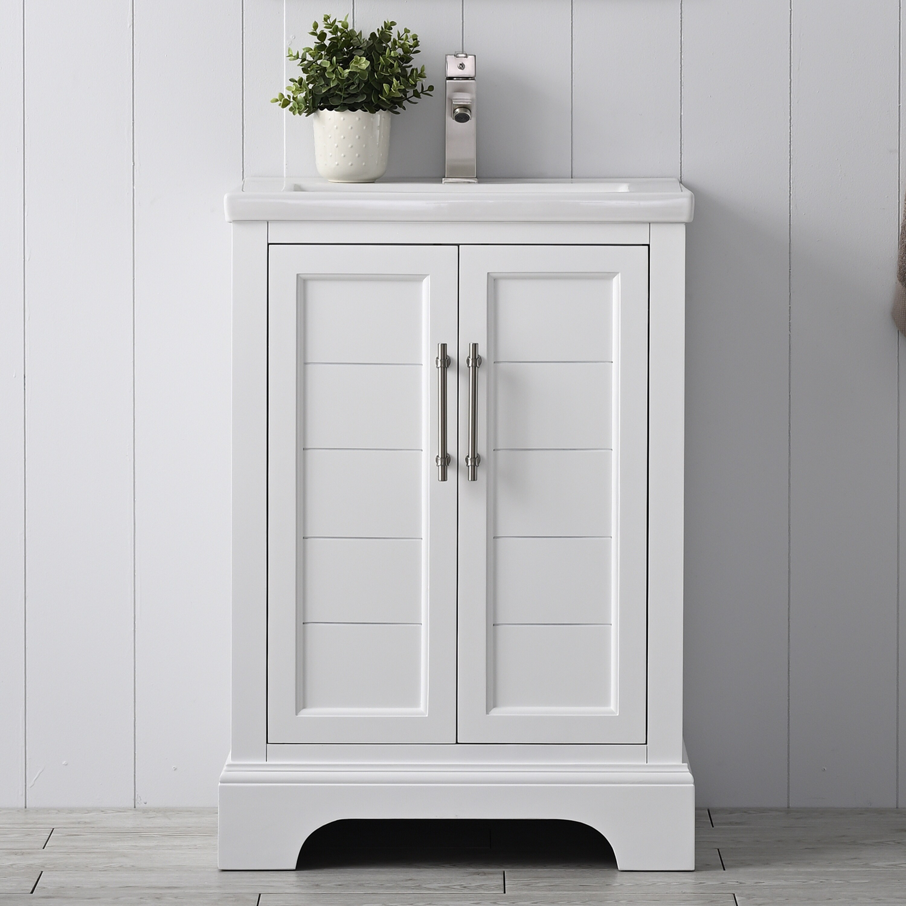 White Single Sink Bathroom Vanity with Ceramic Top, 24-inch