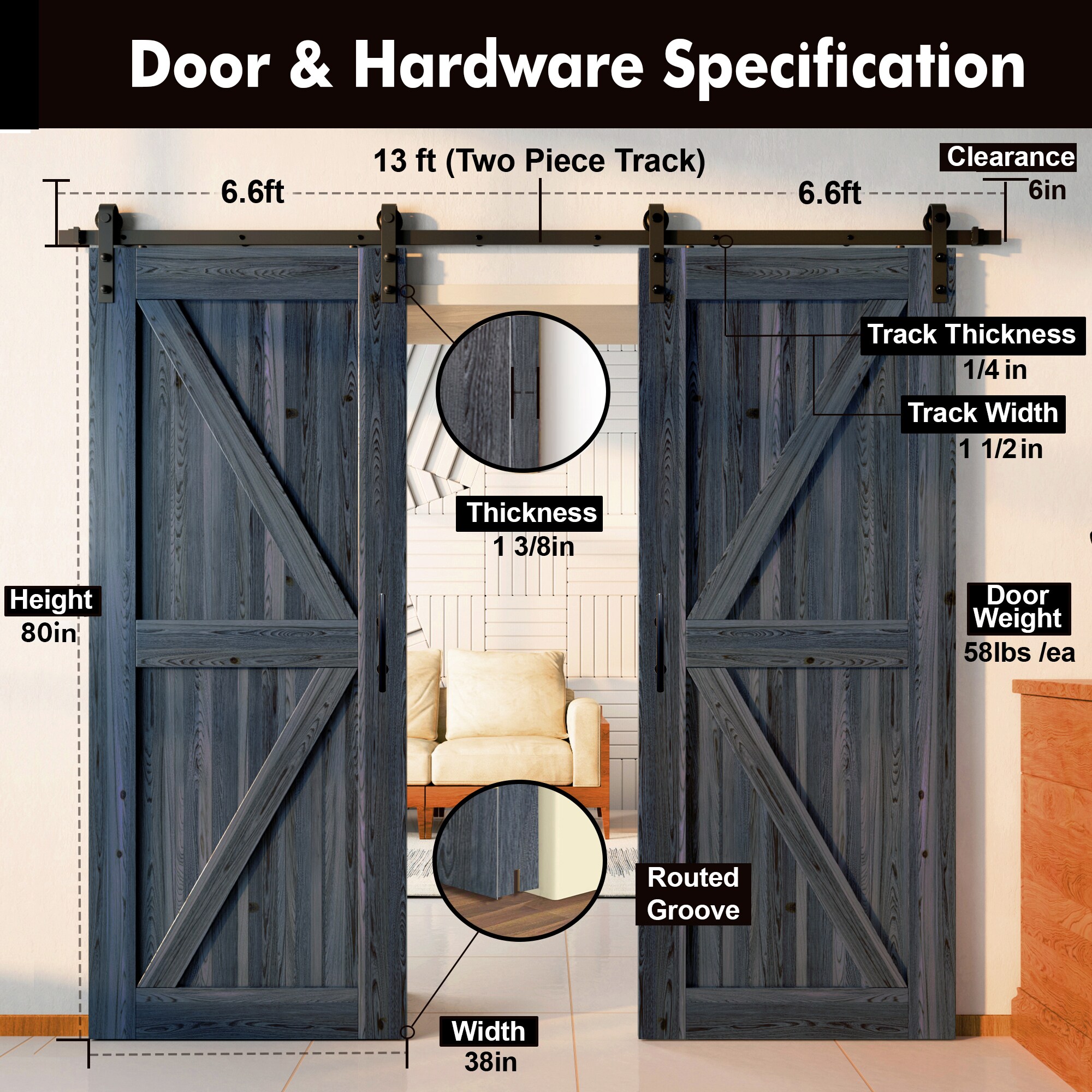 HOMACER YT2TGH156C-3880F-NA Barn-Doors - View #2