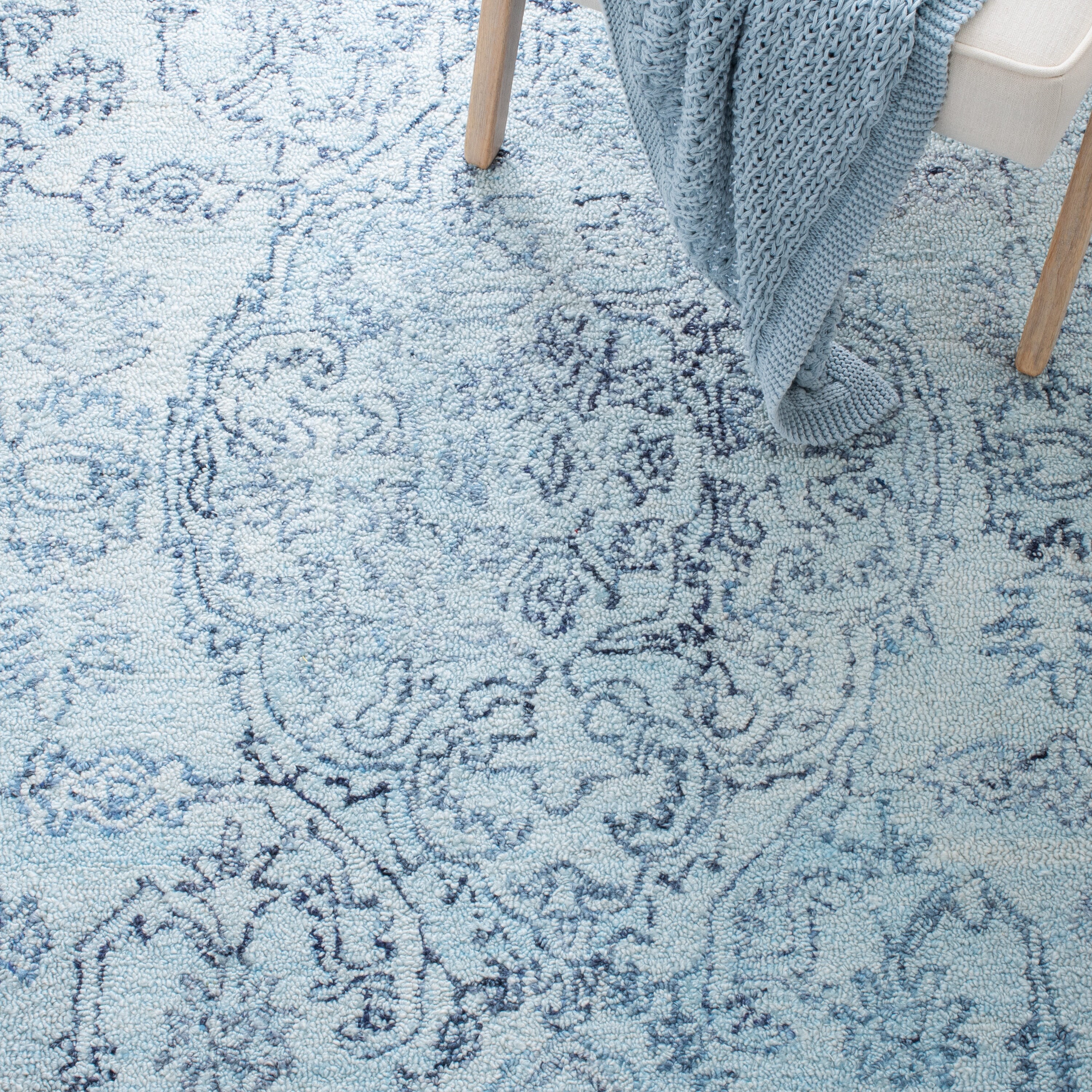 Light Blue Hand-Tufted Wool Square Area Rug, 6 x 6 ft