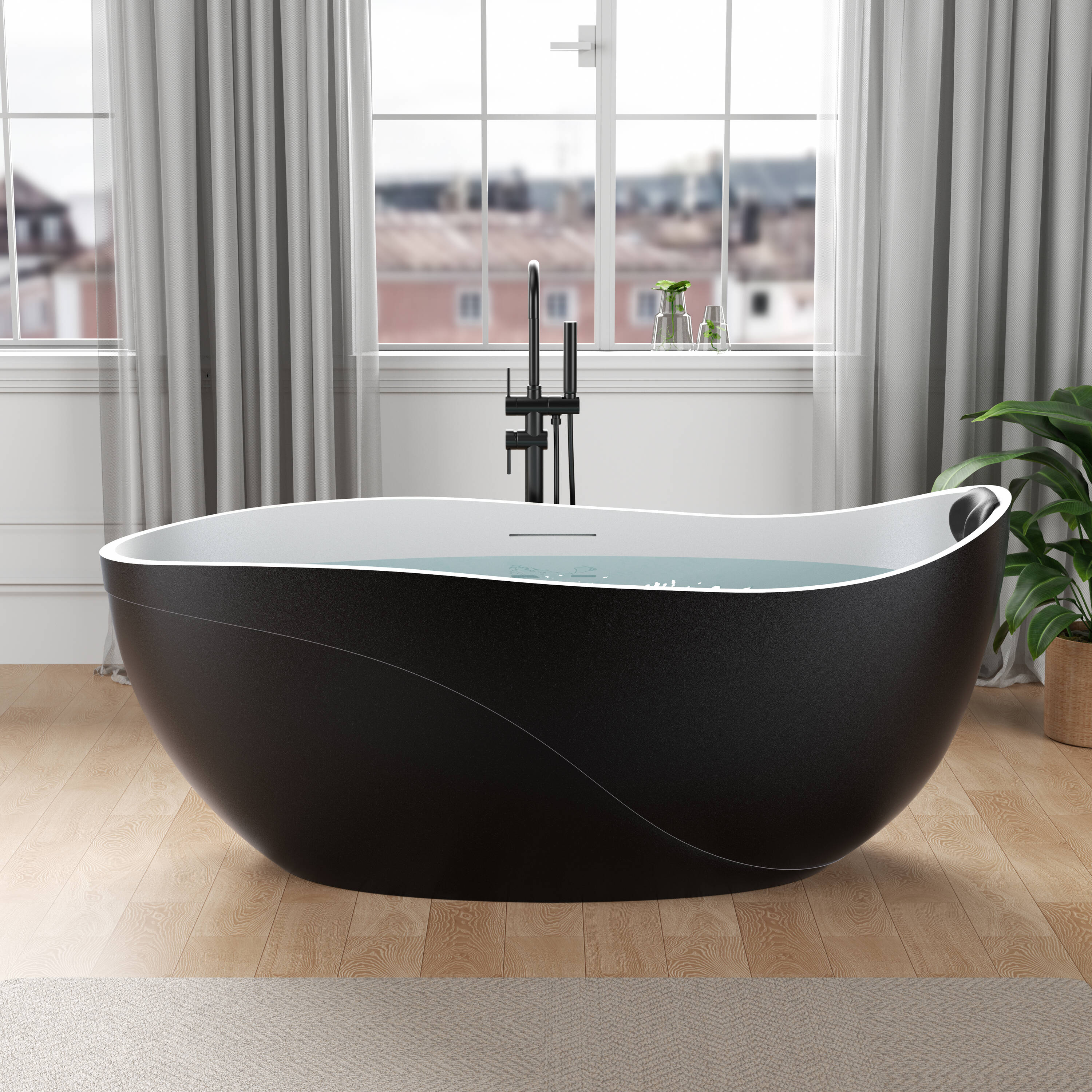 ANZZI Kelut Series 32-in x 68-in Black with Inner White Solid Surface Oval Freestanding Soaking Bathtub ( Center Drain )