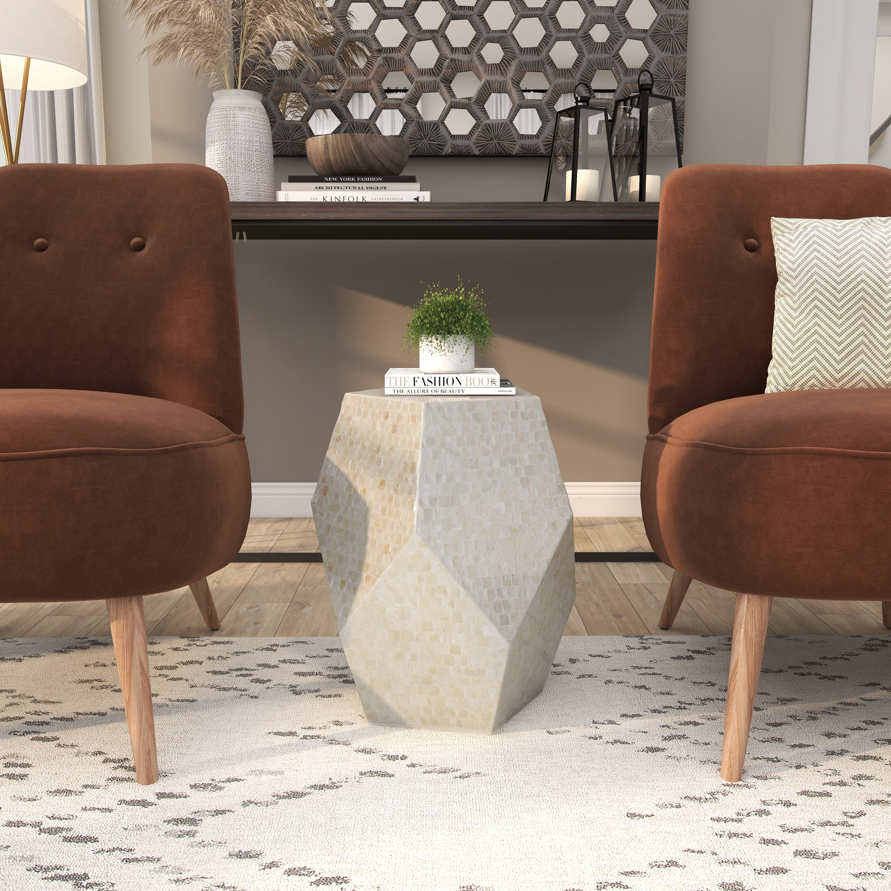 Grayson Lane 47333 16-Inches W x 19-Inches H Gray Handmade Mother of Pearl Wood Round Modern End Table