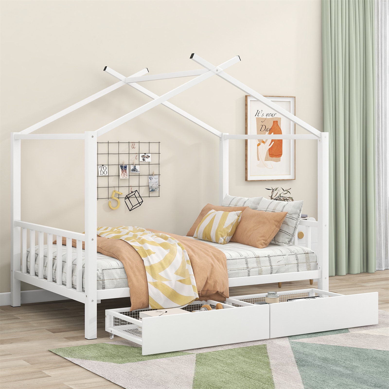 BESTCOSTY White Full Canopy Bed with Storage Drawers in the Beds ...