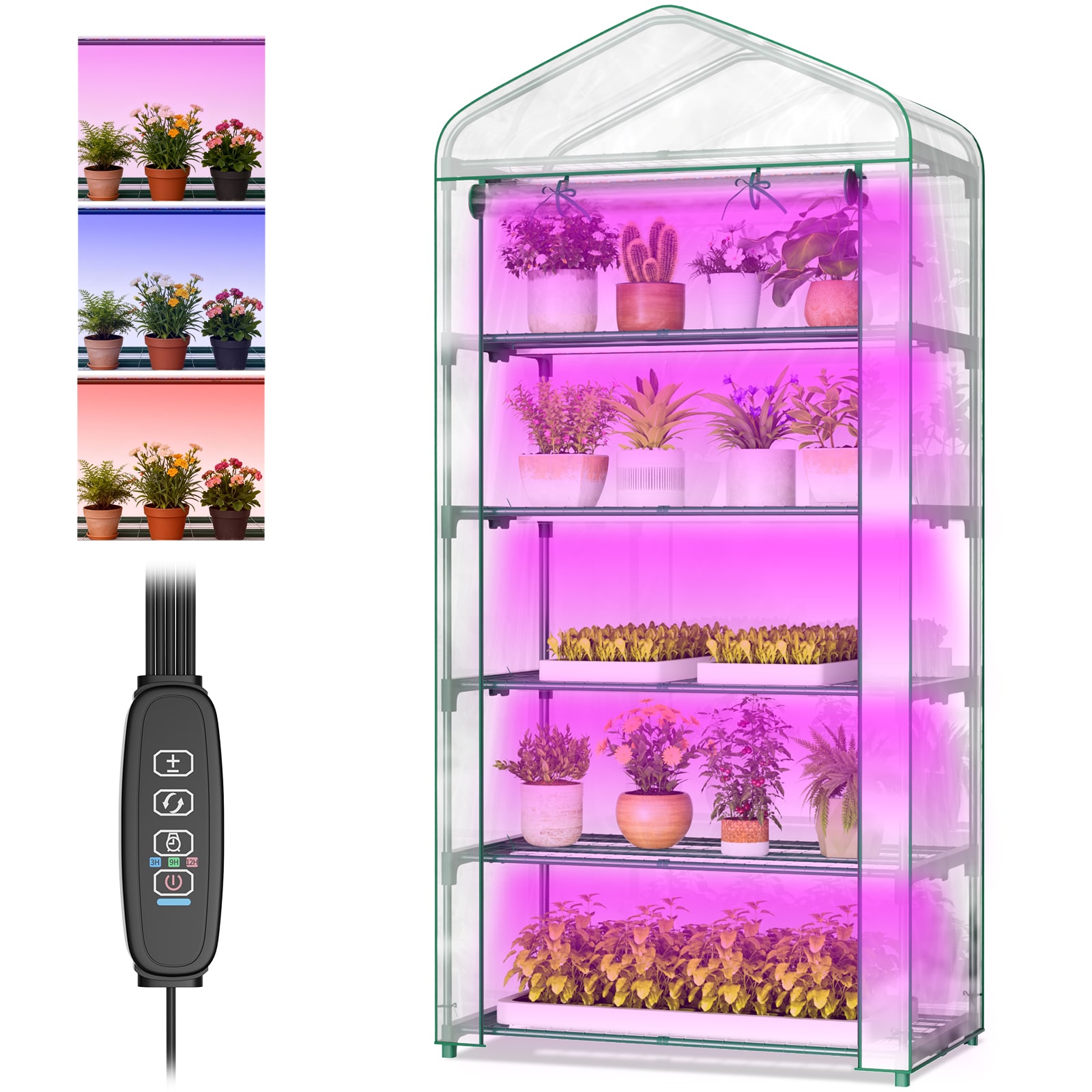DOCRED  35.4 x 19 x 74.8 inch 5 Tier Indoor Greenhouse with Dimmable Grow Light and Timer Mini Plant Greenhouse with Zippered PVC Cover for Seed Starting Trays