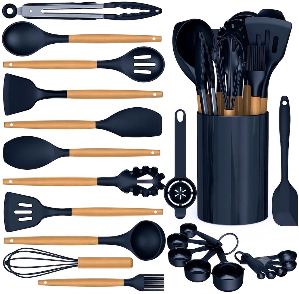 Phewnyzo  Silicone Cooking Utensils Set 14 Piece Heat Resistant Kitchen Tools with Wooden Handles for Non Stick Cookware BPA Free Navy Blue