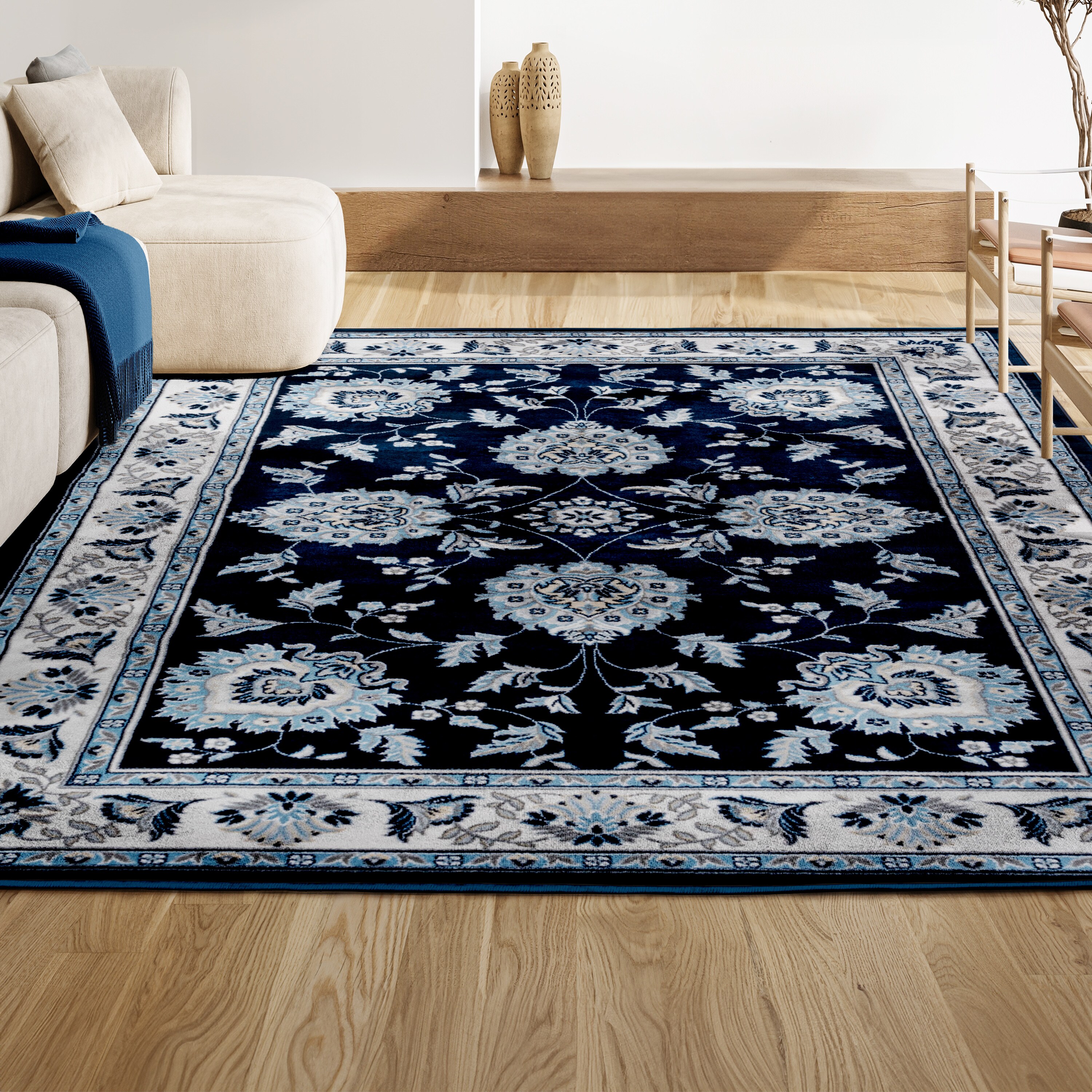 Navy and Ivory Rectangular Synthetic 4' x 6' Area Rug