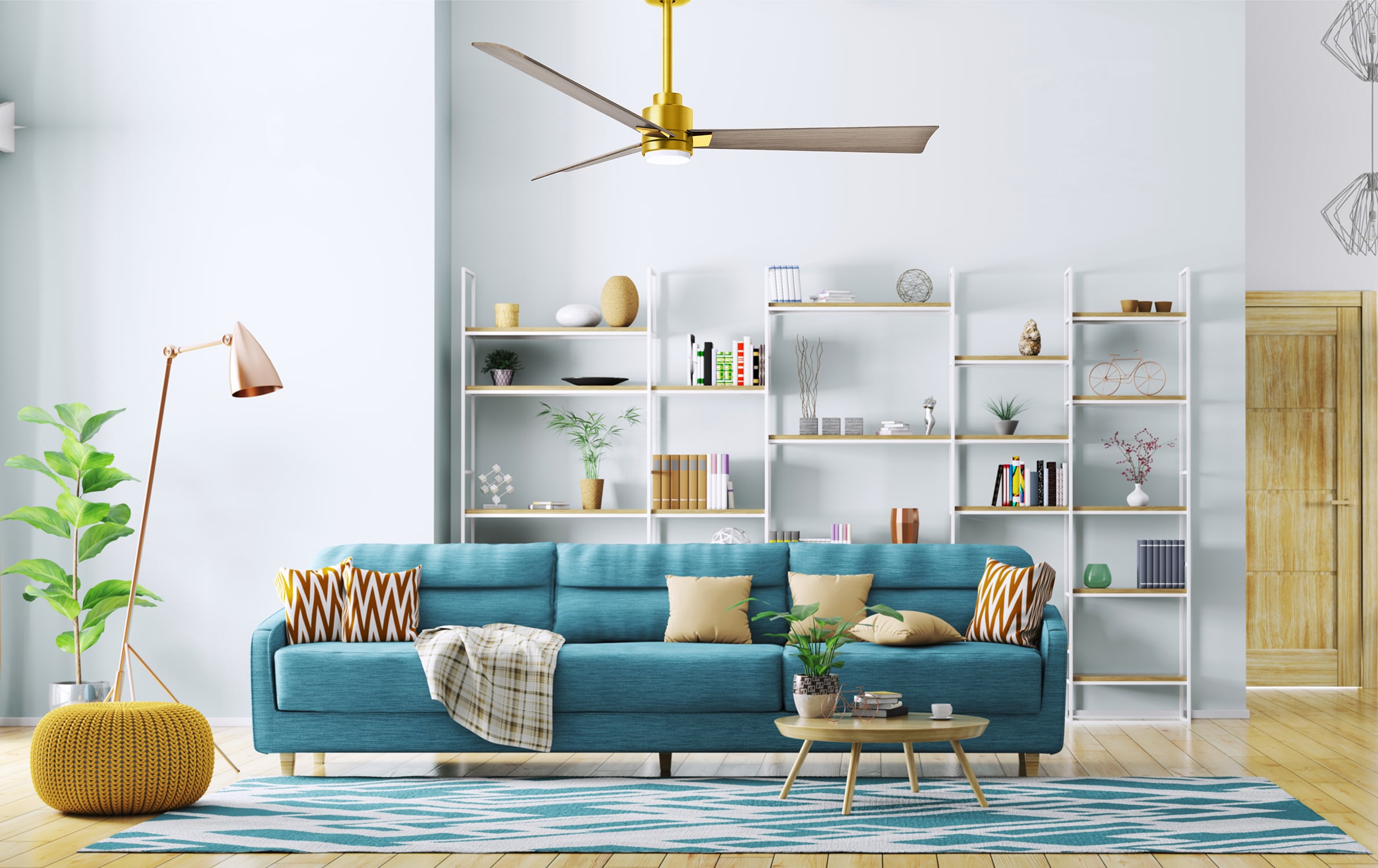 Matthews Fan Company AKLK-BRBR-GA-72 Alessandra 72-in Integrated LED Outdoor Brushed Brass with Gray Ash Blades Ceiling Fan With Light and Remote ( 3 -Blade )