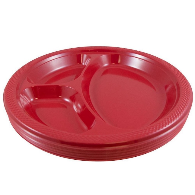 Jam Paper Plastic 3 Compartment Divided Plates - Large - 10 1/4 inch - Red - 20/Pack