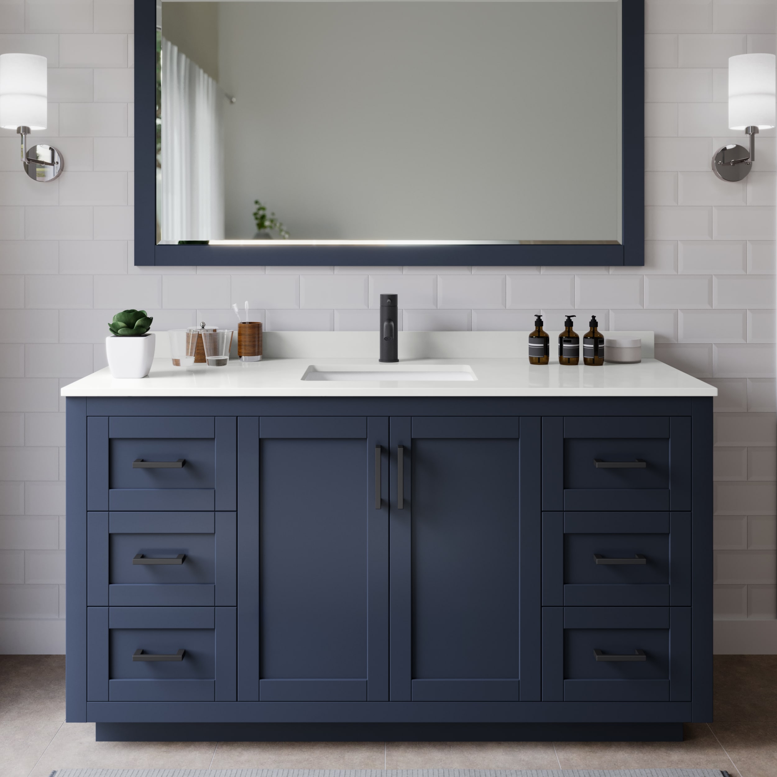 Wyndham Collection WCF292960SBBWQUNSMXX Miranda 60-in Dark Blue Undermount Single Sink Bathroom Vanity with White Quartz Top