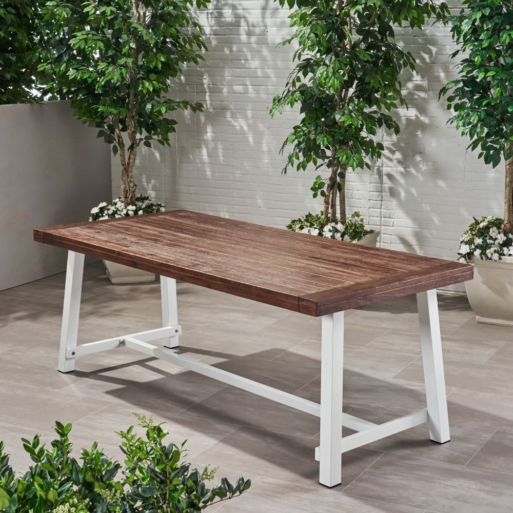 Coolbibila 79 -in Dark Brown Acacia Wood Outdoor Dining Table for 8 Person Rectangular Patio Table with Metal Frame