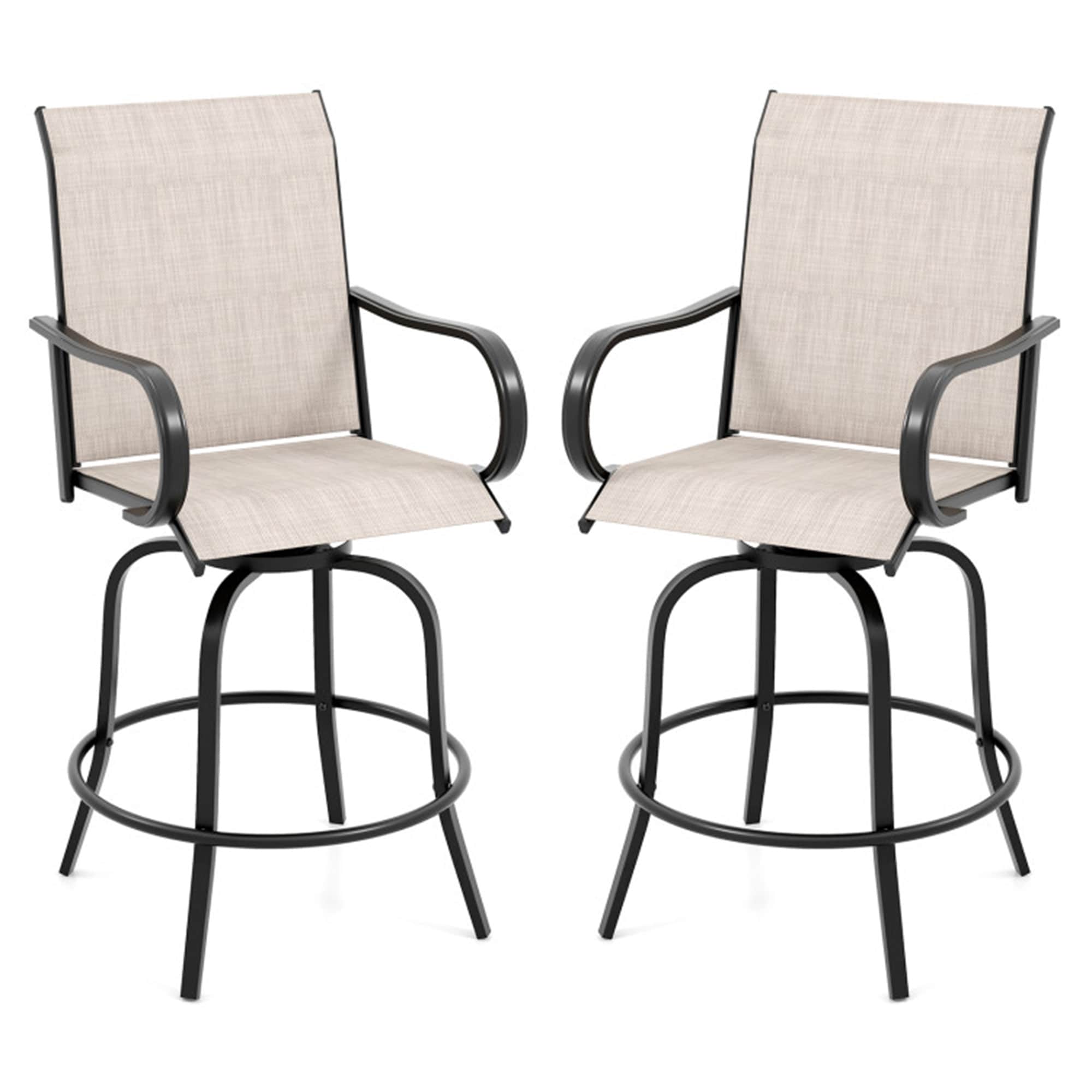 BABOOM BOM-924GR-2-CO Outdoor Chair Set of 2 Black Steel Frame Swivel Bar Stool Chair with Gray Sling Seat