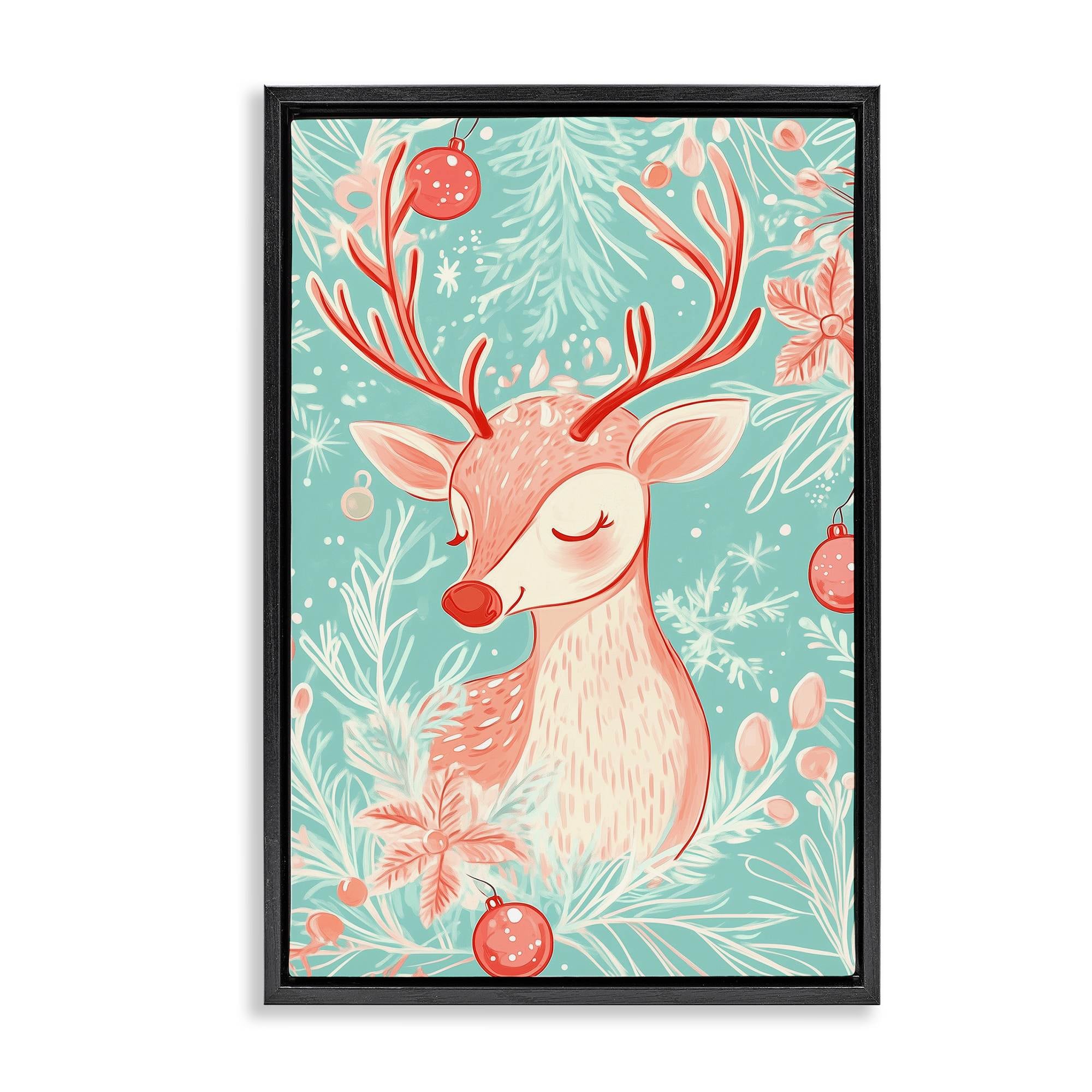 Stupell Industries BT-927-FFB-16X24 Pink and Blue Vintage Reindeer Black Framed Floater Canvas Wall Art By Arlington Prints 17 x 25