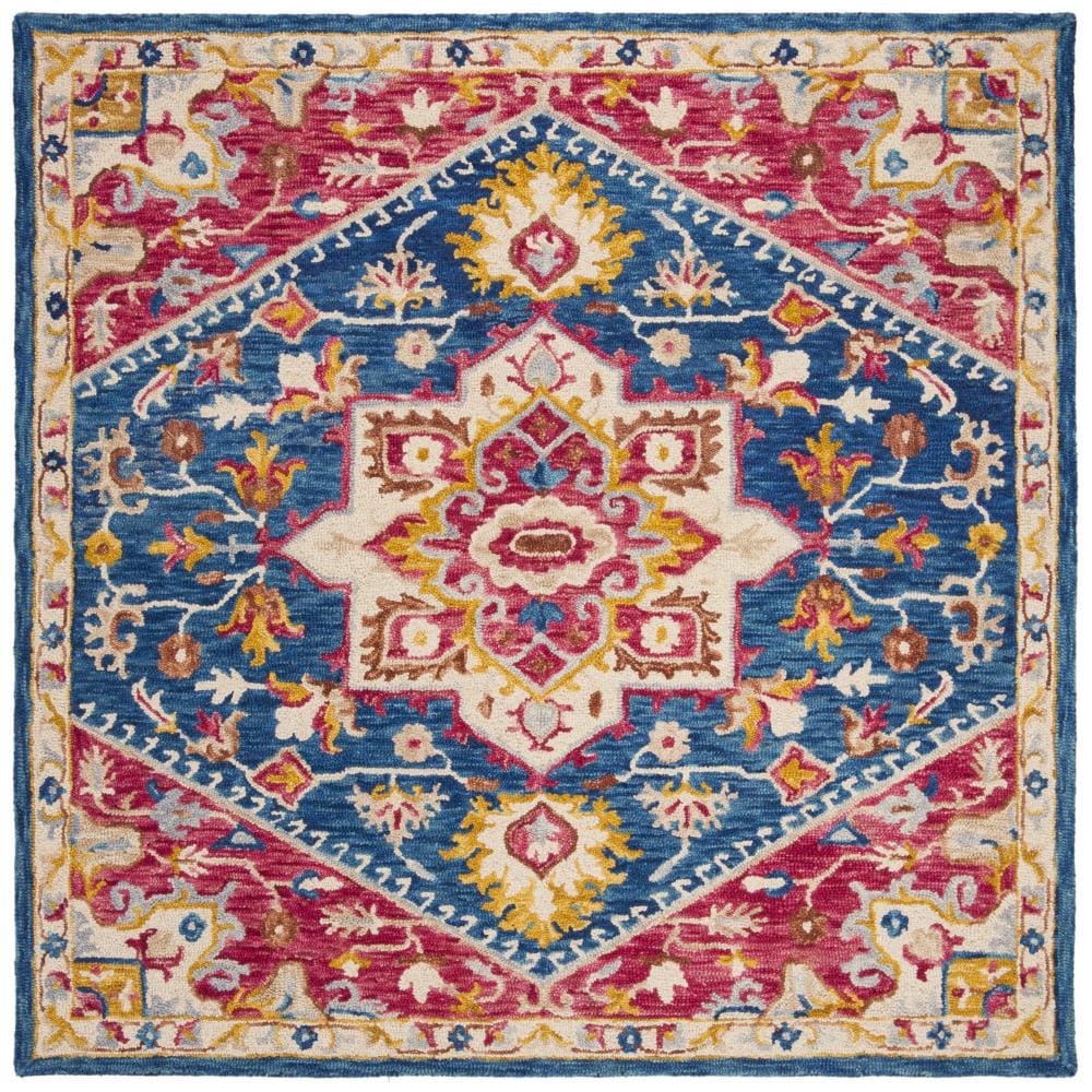 Navy and Fuchsia Square Wool Floral Area Rug