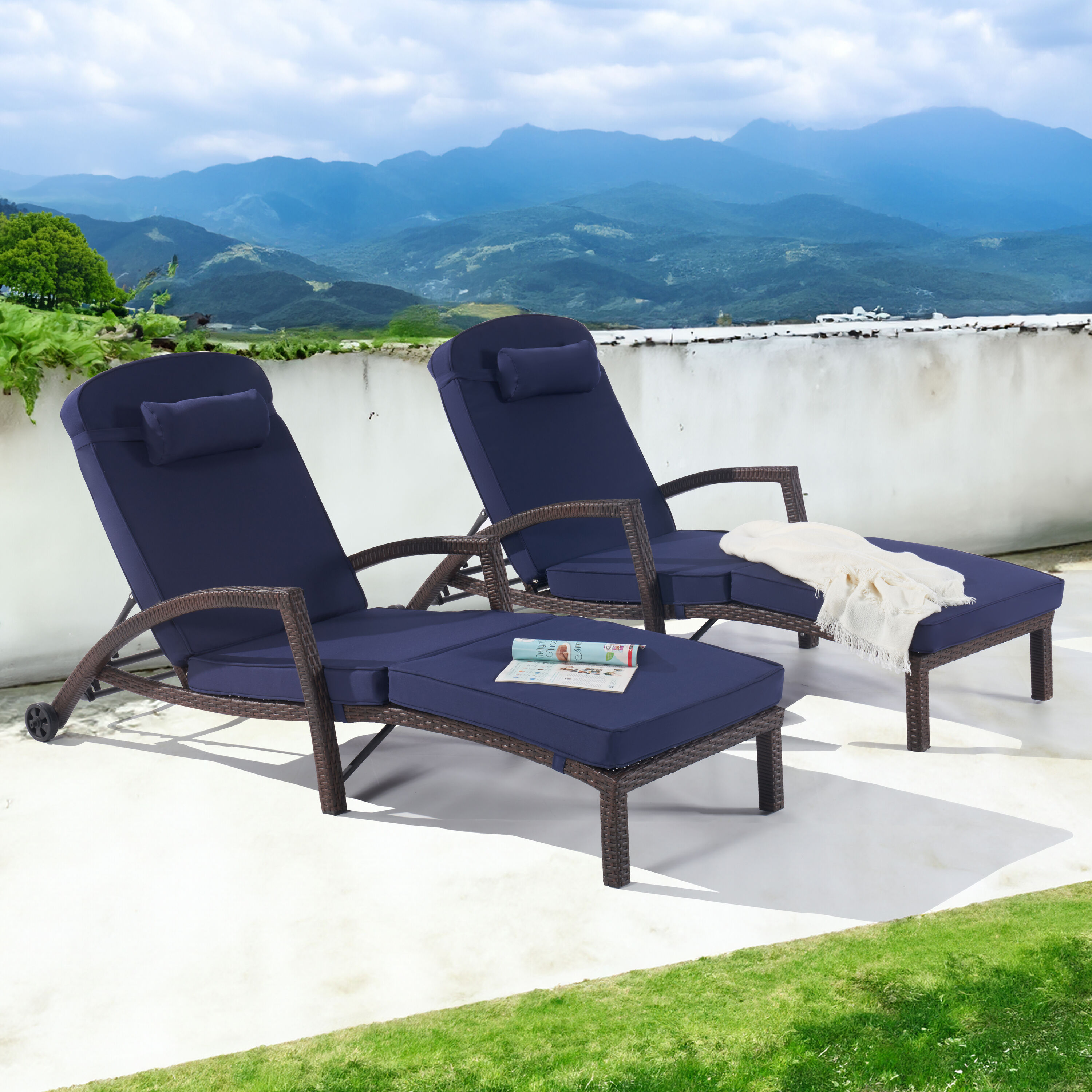 SANSTAR L-LG-03-NY-V1 Chaise lounge Set of 2 Wicker Dark Brown Wicker Frame Stationary Chaise Lounge Chair with Blue Cushioned Seat