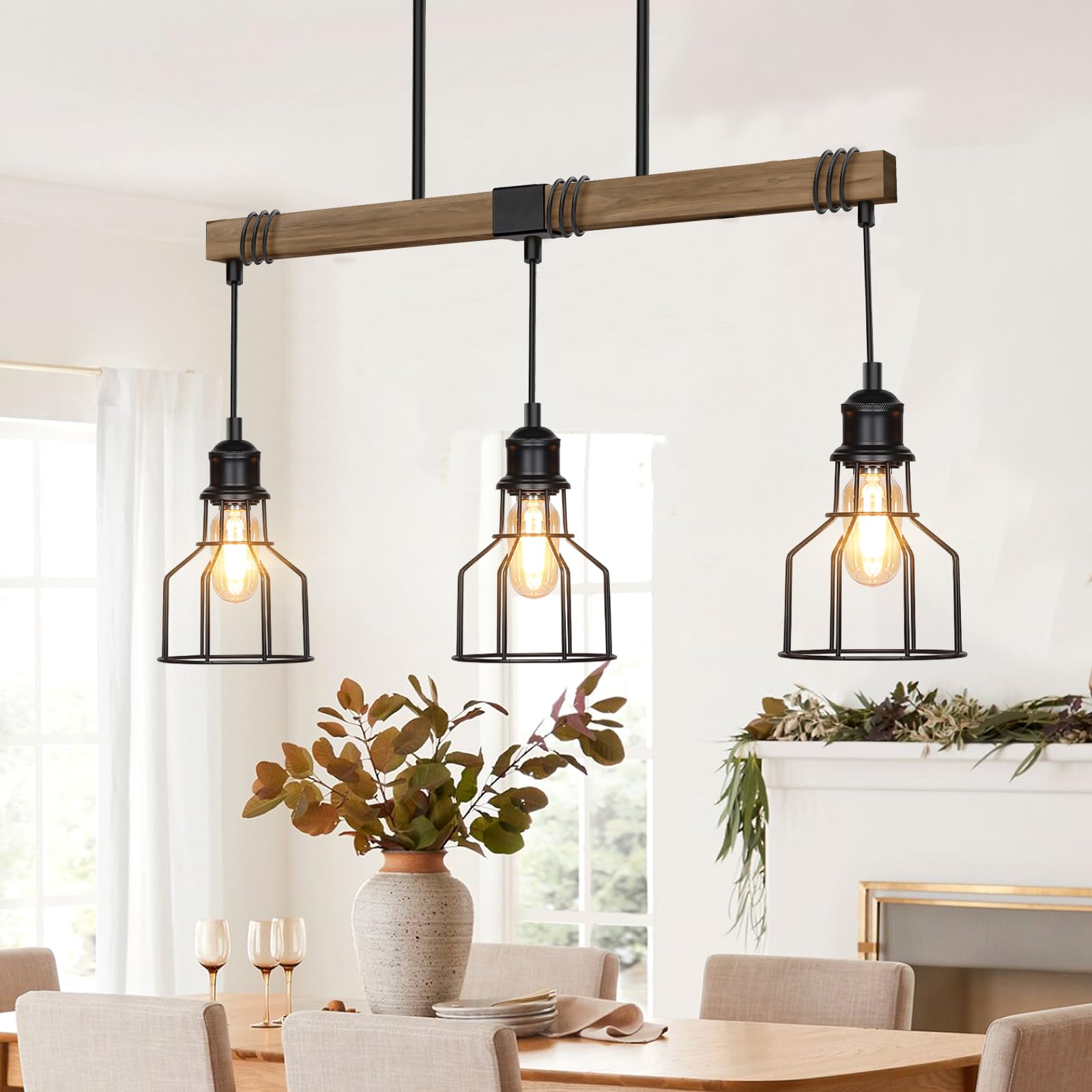 IUEST  3-Light Kitchen Island Pendant Light Adjustable Height Black Metal and Rustic Wood Linear Chandelier for Dining Room Over Table