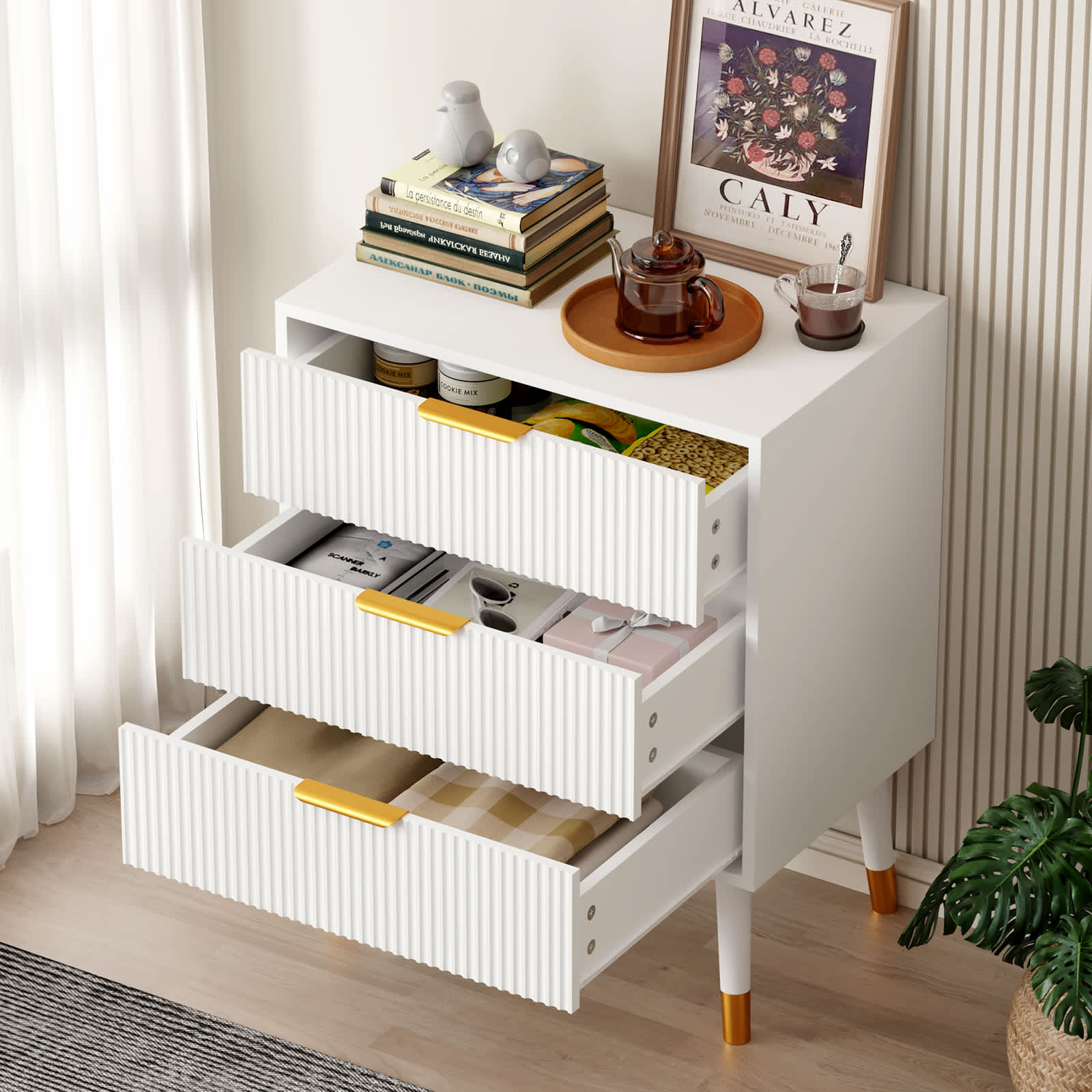 Qeetex MIE-PHO-16NBHRUH Modern 3 Drawer Fluted Dresser 57 Wide Wood Chest of Drawers Clothes Storage Organizer