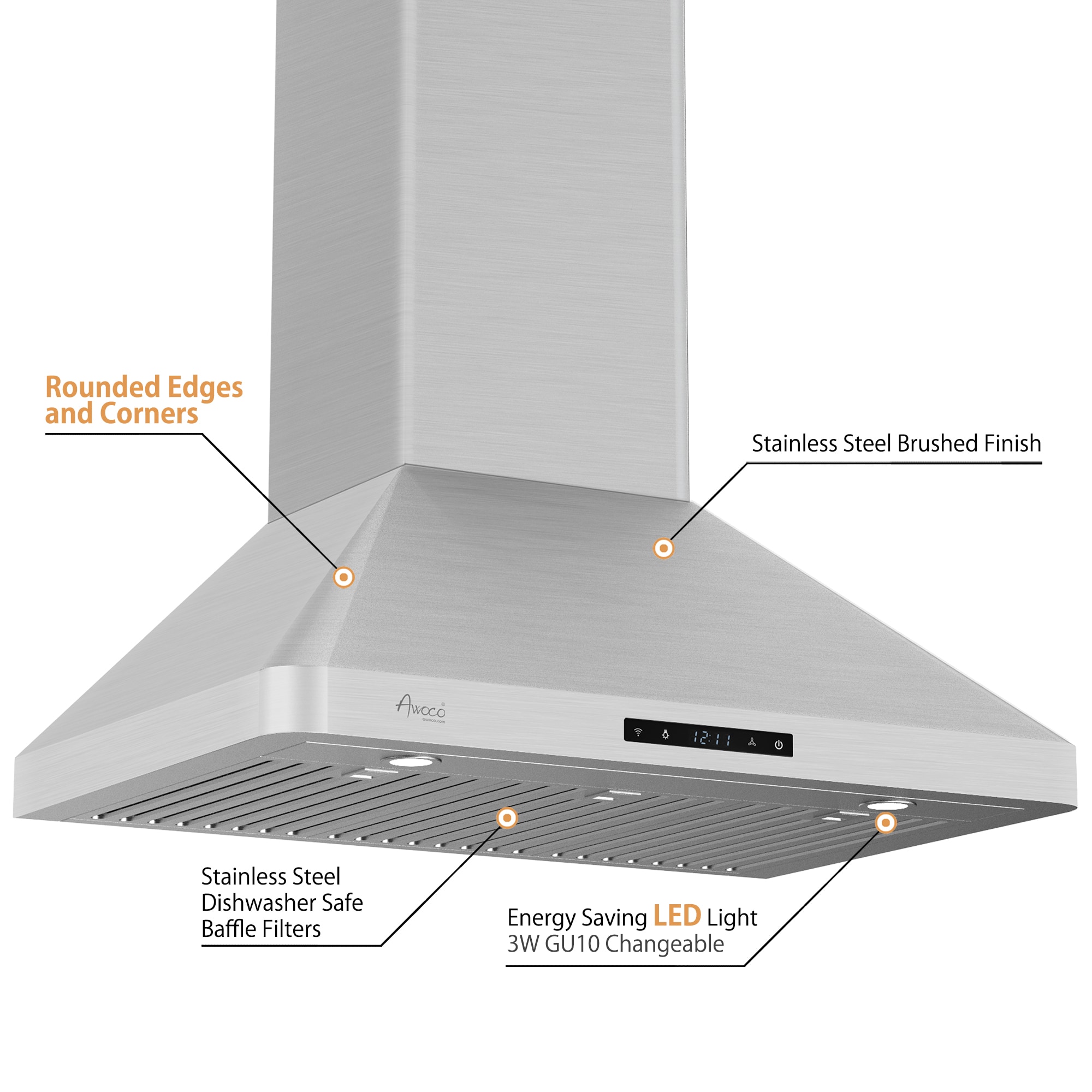 Awoco 30-in 800-CFM Ducted Stainless Steel Wall-Mounted Range Hood in ...