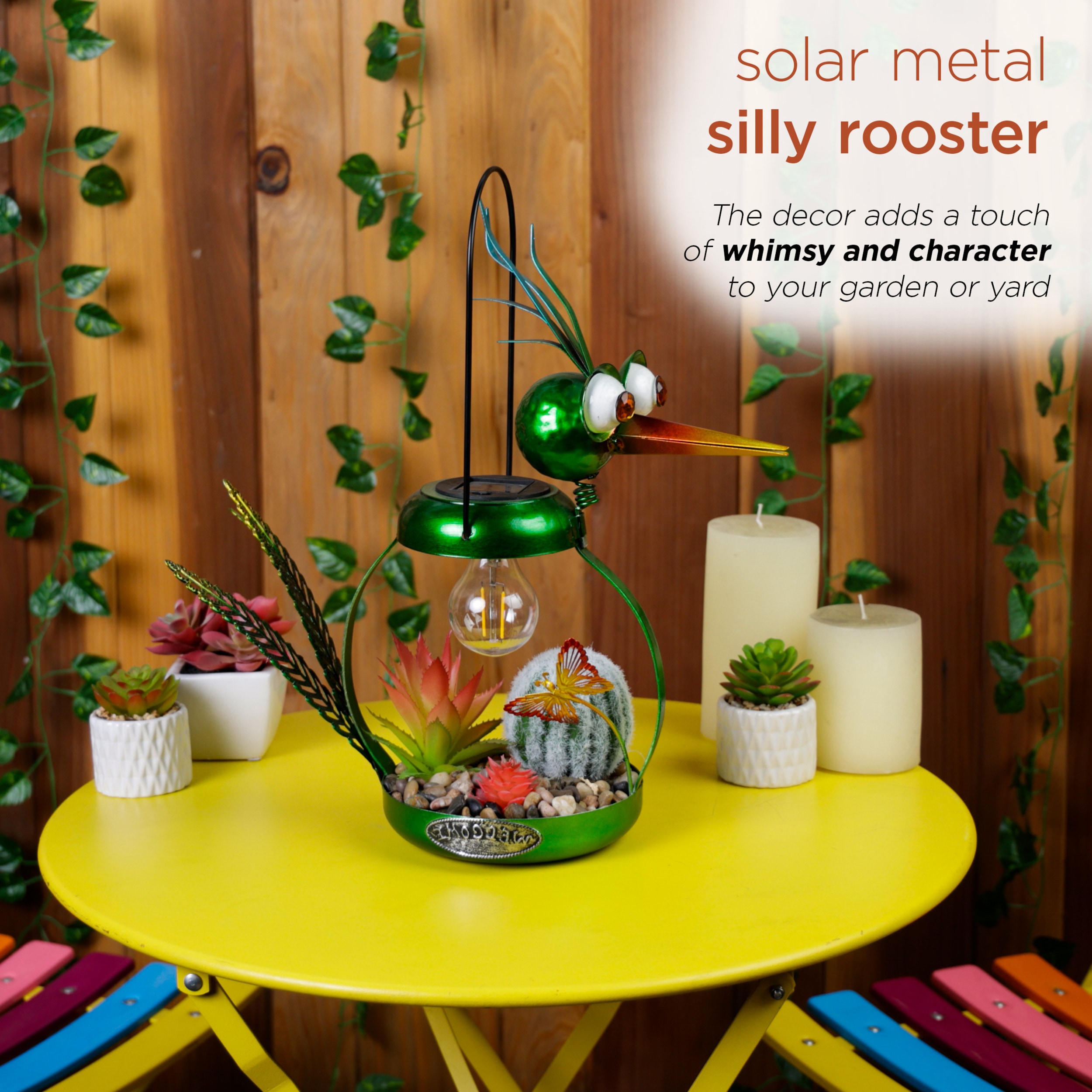 Whimsical Green Metal Heron with Solar LED Light