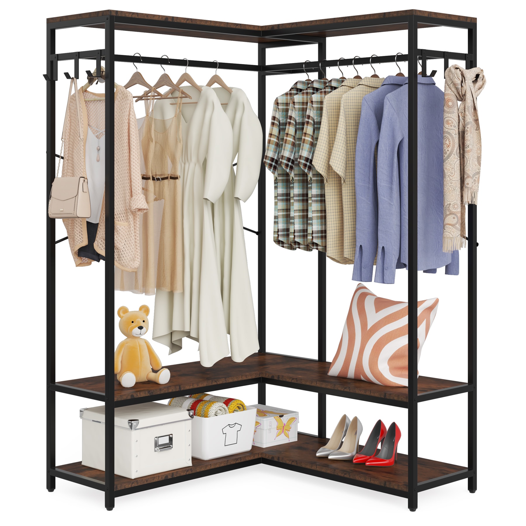 Tribesigns L Shape Clothes Rack, Corner Brown Garment Rack with Storage  Shelves and Hanging Rods for Bedroom