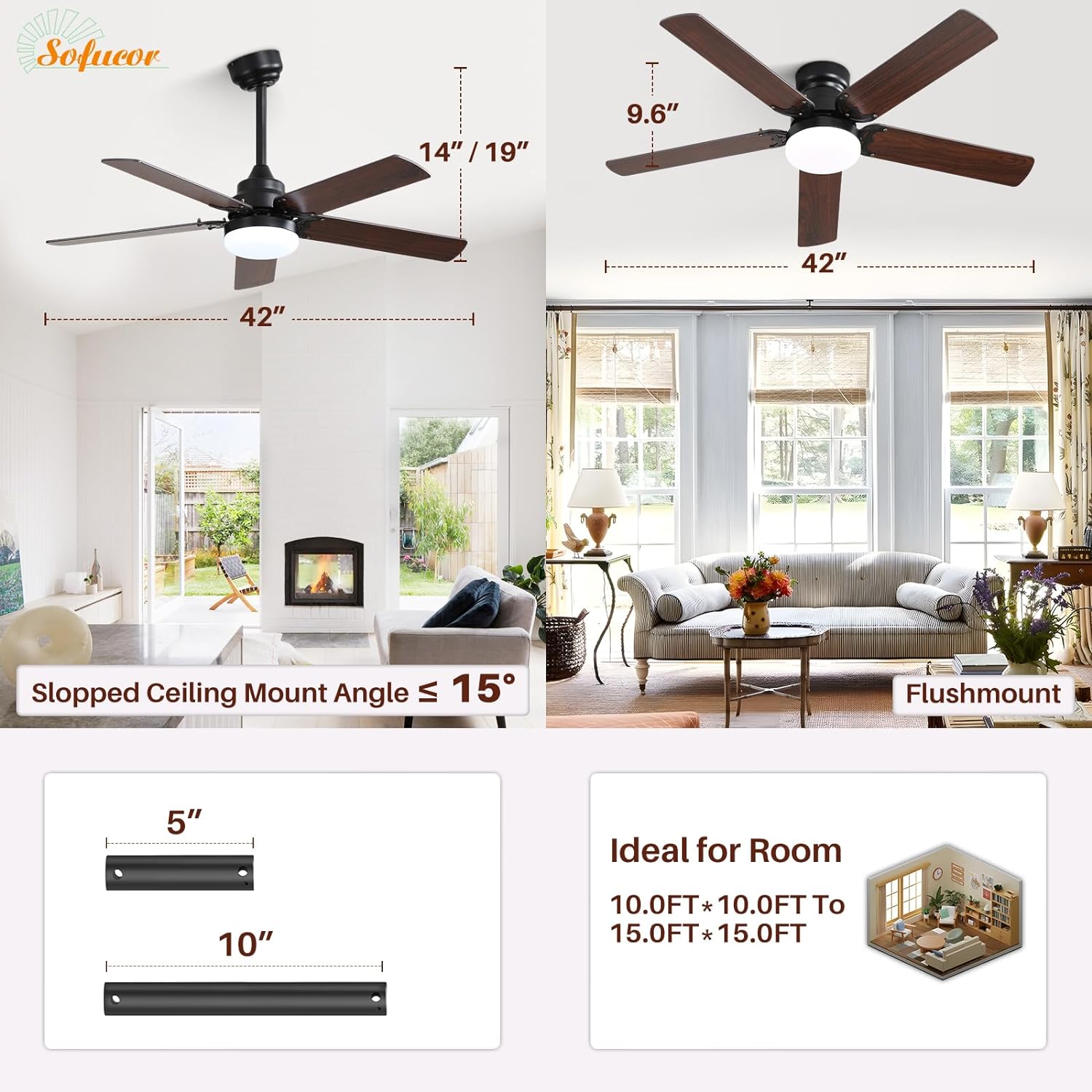 Sofucor Ceiling Fan 42-in Black with Dark Brown Blades Color-changing ...