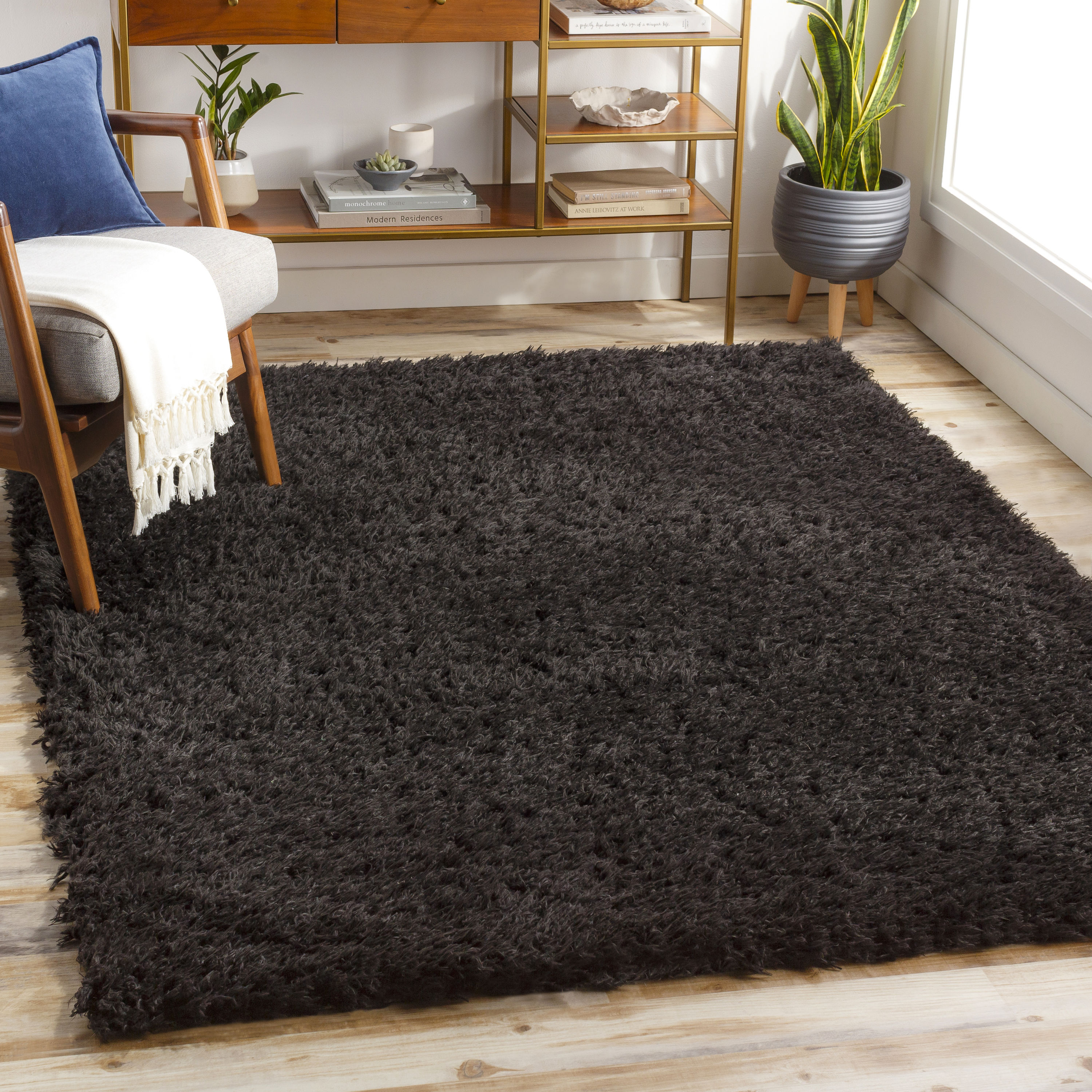 Livabliss ANG2306-679 Angora 7 x 9 (ft) Polyester Black Rectangular Indoor Solid Mid-Century Modern Area rug