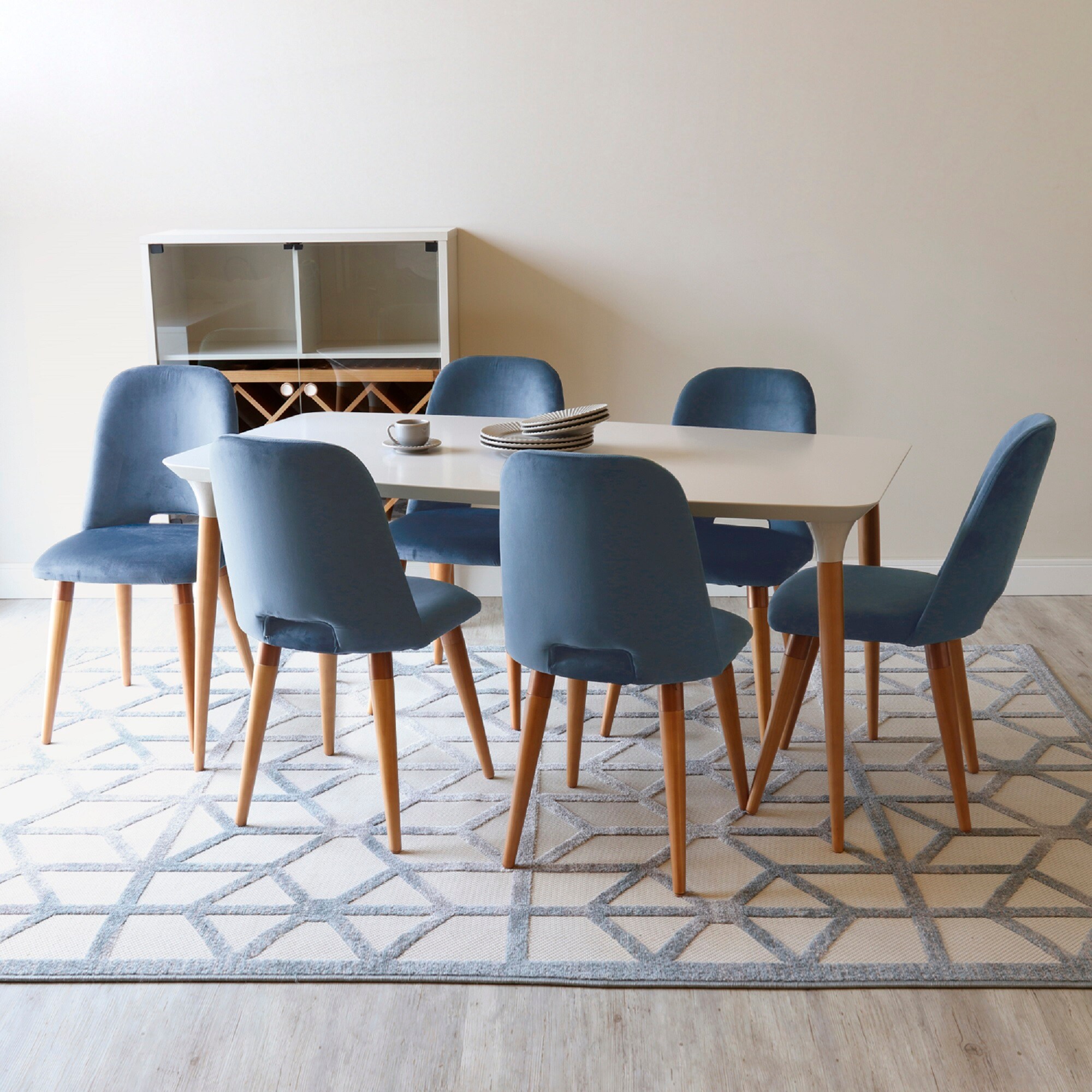 Manhattan Comfort 2-10155511020563 HomeDock and Selina Off White and Blue Contemporary/Modern Dining Room Set with Rectangular Table ( Seats 6 )