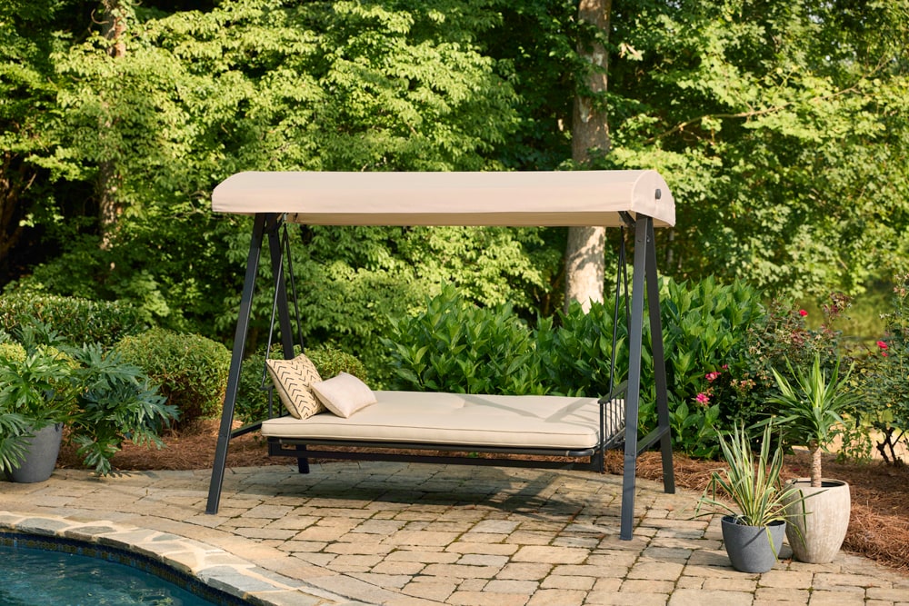 Style Selections 3-person Swing the Porch department Swings & Brown Outdoor Steel Gliders at in