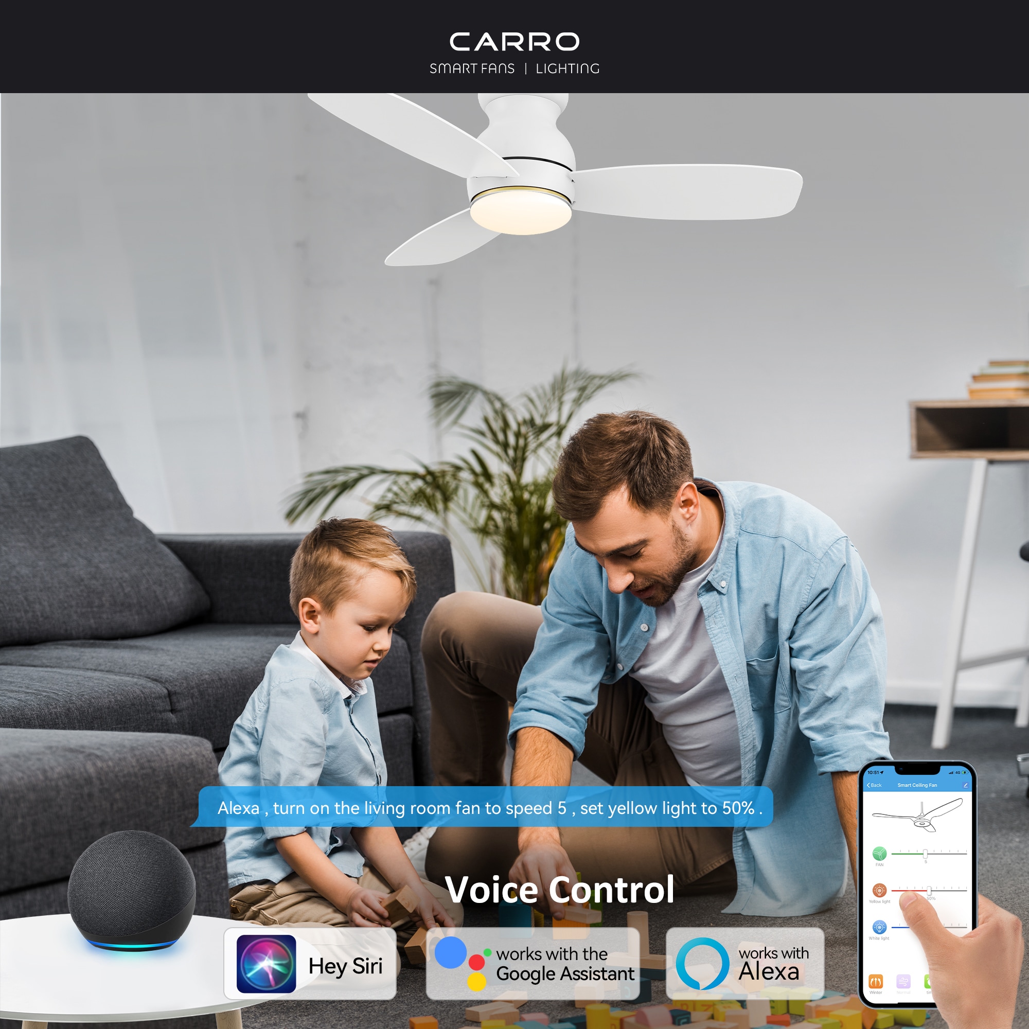 CARRO USA Trendsetter 44-in White Indoor/Outdoor Flush Mount Smart Ceiling Fan with Light and Remote (3-Blade) LS443Q-L12-W1-1 Sansujyuku sansujyuku.com