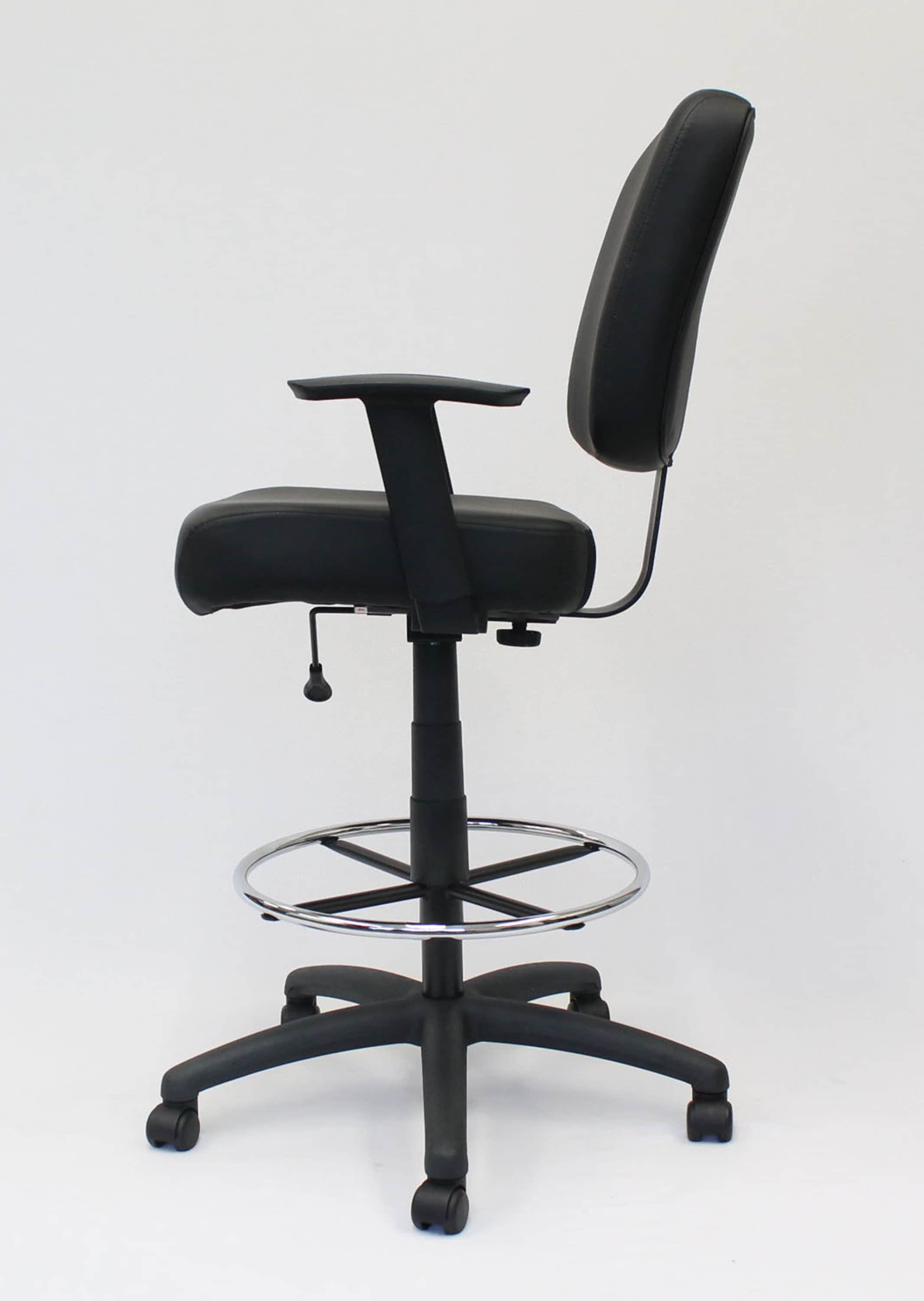 Oversized Black Drafting Stool with Chrome Footring and Adjustable Arms