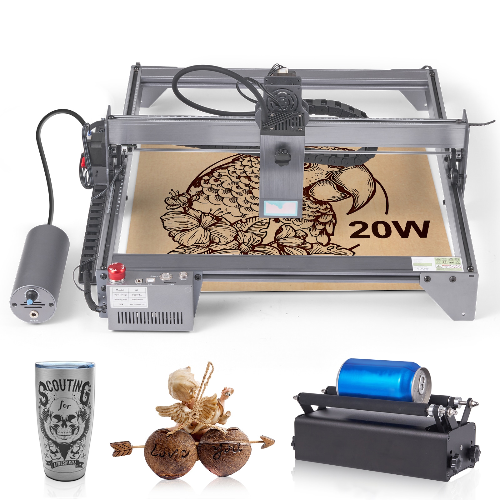 VEVOR SCKZXS20W41405397V1 Laser Engraver  20W Output Laser Engraving Machine  15.7in x 15.7in Large Working Area  10000mm/min Movement Speed  Compressed Spot with Rotary Roller  Laser Cutter for Wood  Certain Metal