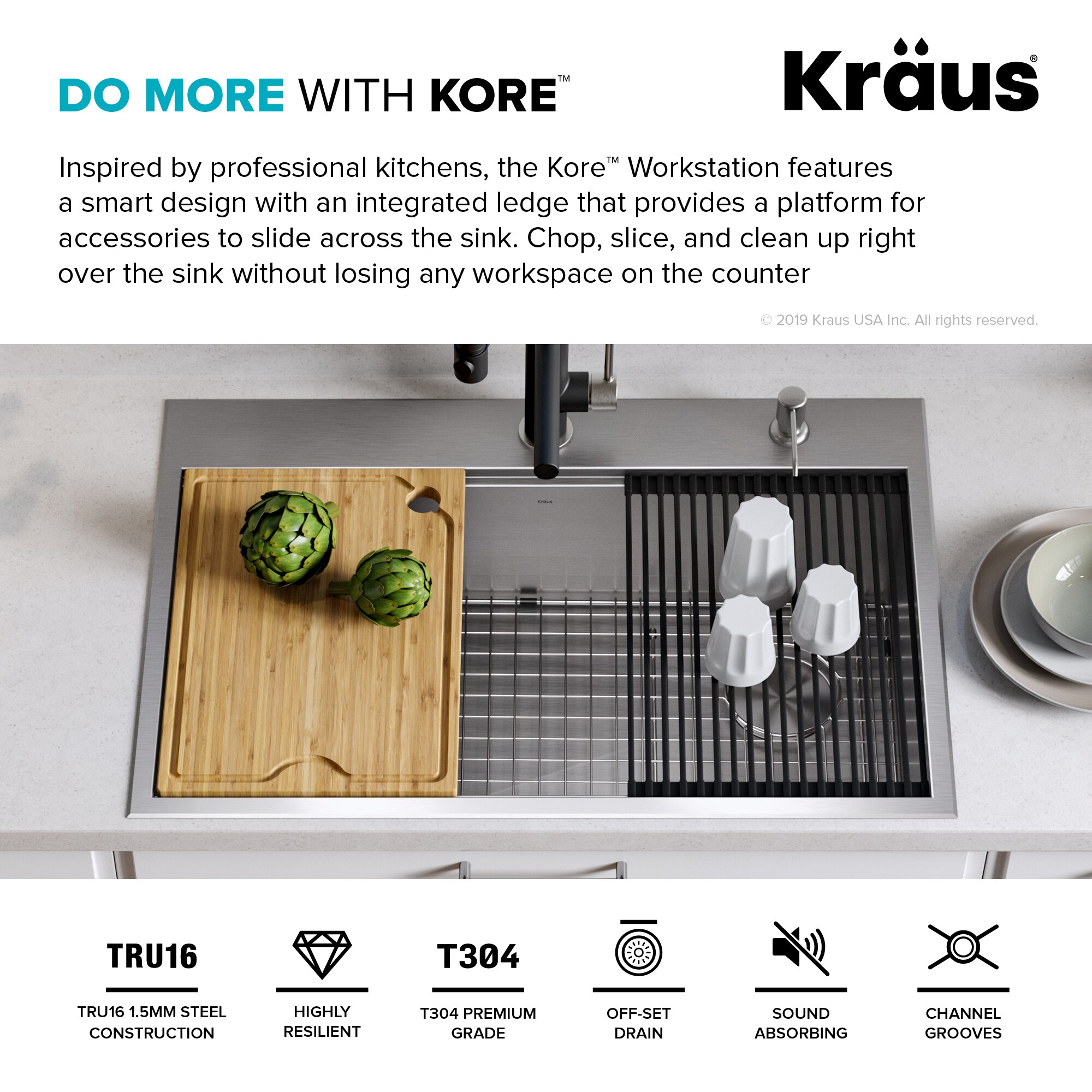 Kraus Évier de cuisine à cuve simple Workstation 33 à encastrer en granit  gris avec access