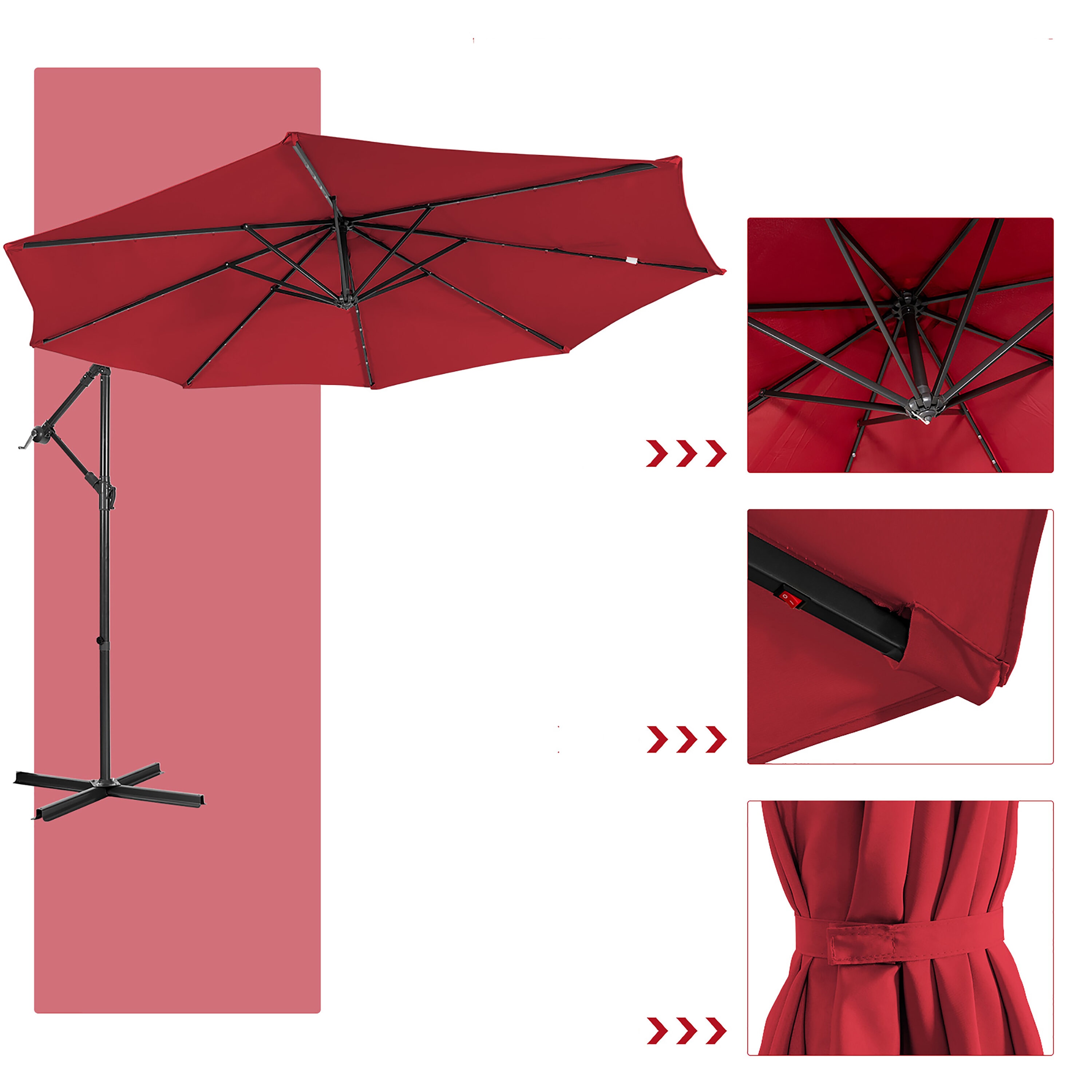 Wine Red 10ft Steel Cantilever Patio Umbrella with LED Lights