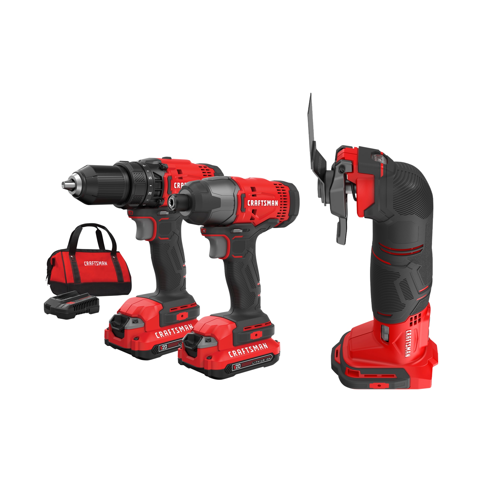 Shop CRAFTSMAN V20* 2-Tool 20-Volt Power Tool Combo Kit with Soft Case (2- Batteries Included and Charger Included)  V20* 12-Piece 20-volt Variable  Speed Oscillating Multi-Tool Kit at