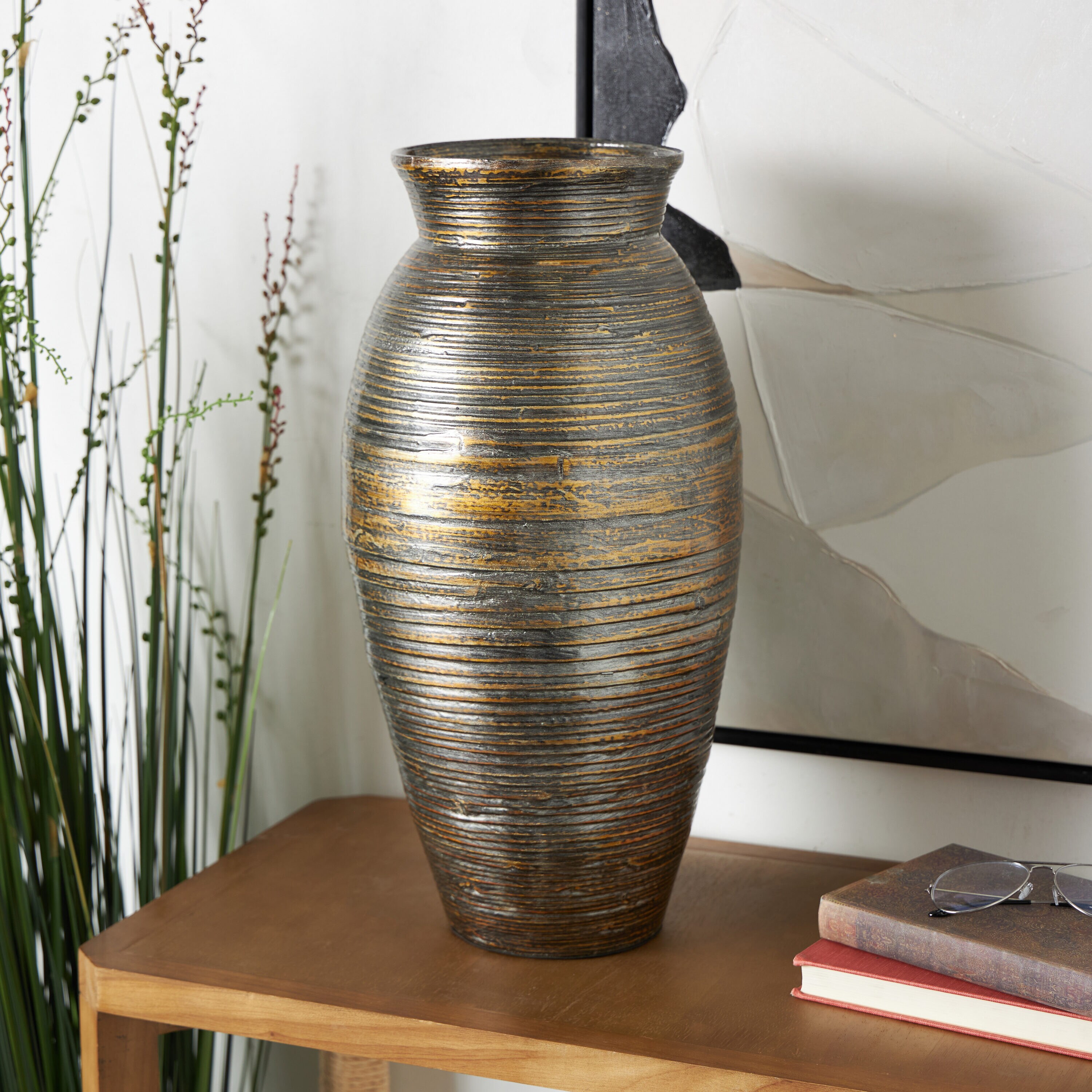20" Dark Brown Textured Bamboo Wood Vase