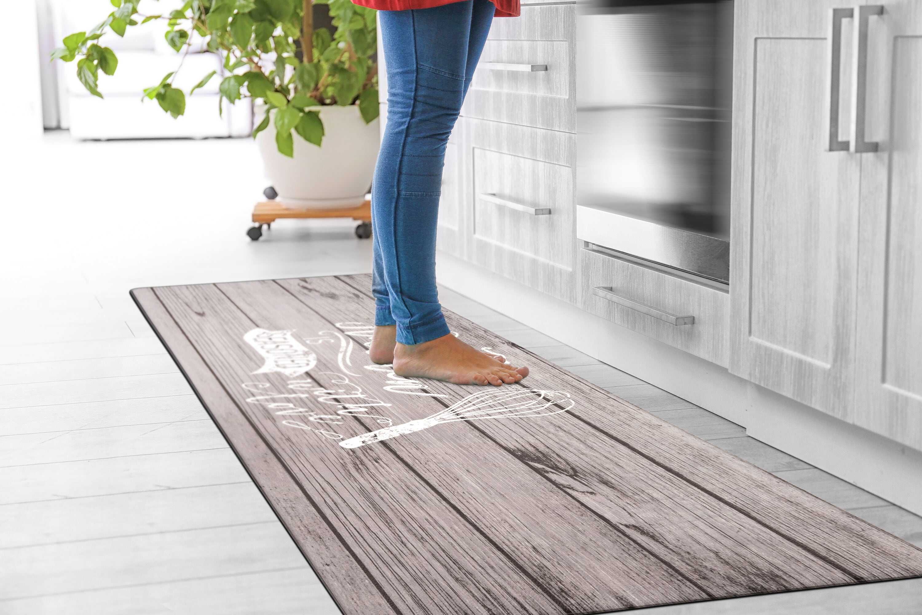 Gray PVC Rectangular Anti-Fatigue Kitchen Mat with Whisk Design