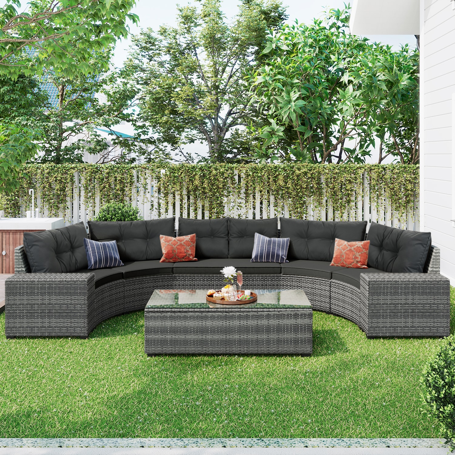 GZMR GR-LHR003S Patio Furniture-Set 8-Piece Wicker Patio Conversation Set with Gray Cushions