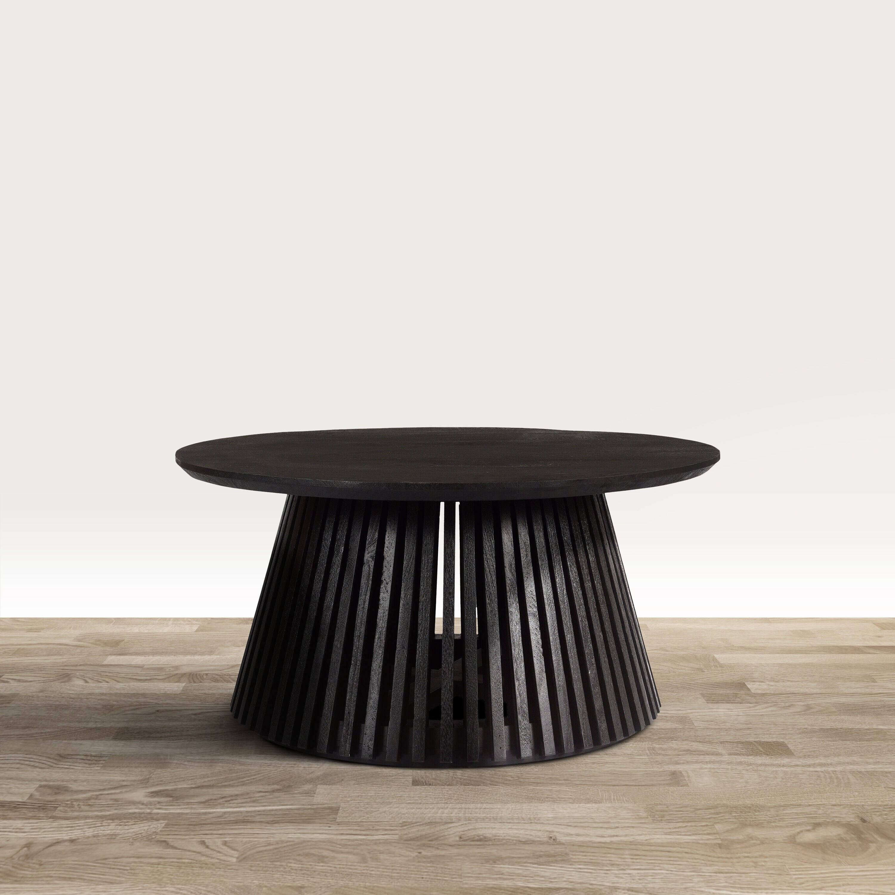 Jet Black Round Solid Wood Coffee Table with Slatted Base