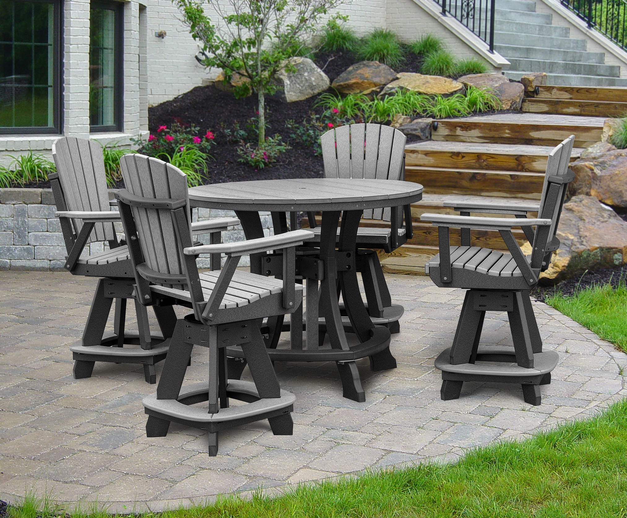 American Furniture Classics CR130LGB-K Amish HDPE 5 -Piece Black Bar Height Patio Dining Set Plastic Round Table with 4 Swivel Chairs